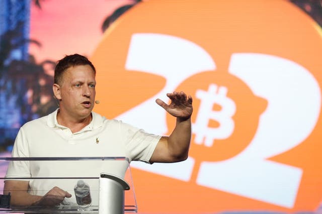 <p>Peter Thiel, co-founder of PayPal, speaks during the Bitcoin 2022 Conference at Miami Beach Convention Center on 7 April, 2022 in Miami, Florida</p>