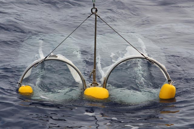 <p>File: Nets deployed by the Tara schooner that is a part of the global Tara Oceans Consortium study, which was a source for the 35,000 water samples collected for the study </p>
