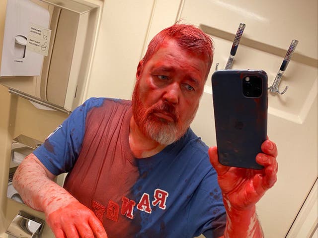 <p>Nobel Peace Prize-winning newspaper editor Dmitry Muratov was attacked by a miscreant who poured red paint and acetone over him </p>
