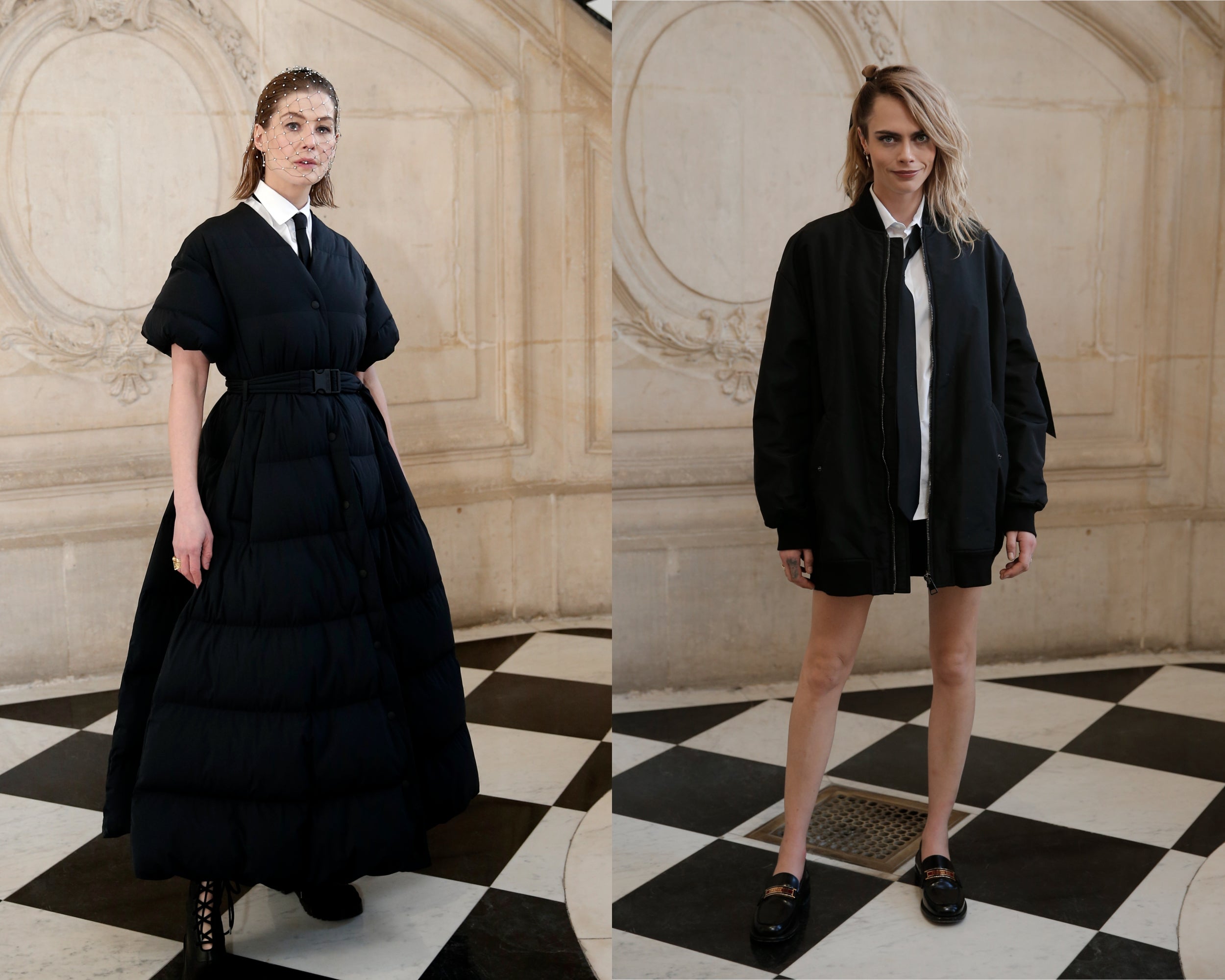 Rosamund Pike (L) and Cara Delevingne at the Dior show (Lewis Joly/AP)