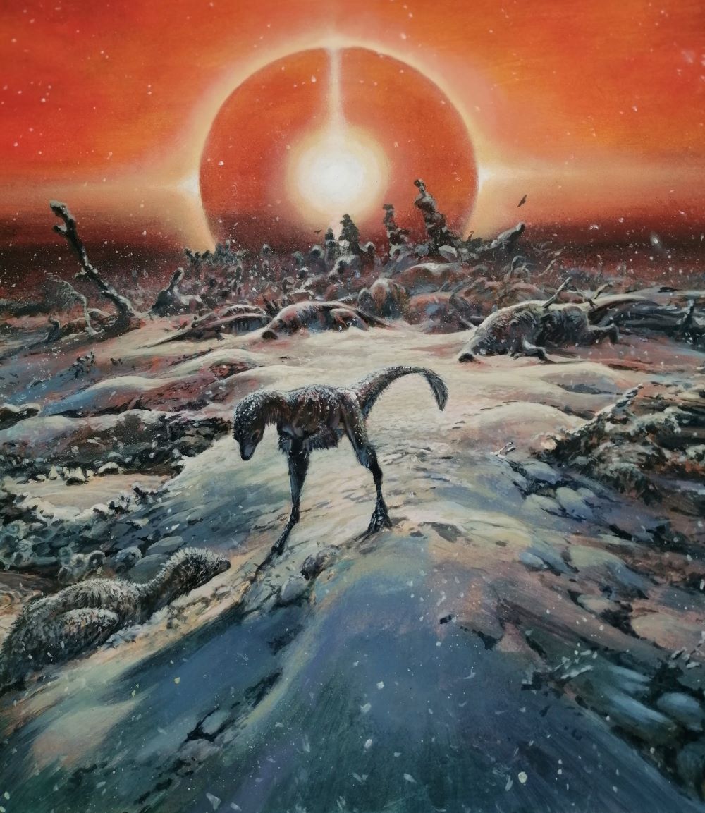 This picture illustrates a scene from northern Laurentia (North America) in the period a few weeks after the Chicxulub impact showing the onset of freezing weather and skies loaded with sulfur aerosols. The focus is on the last surviving dinosaurs – here a pair of T-Rex chicks, which somehow survived the initial impact phenomena, but which will soon succumb to the cold. (Image Credit ©James McKay – Creative Commons/PA)