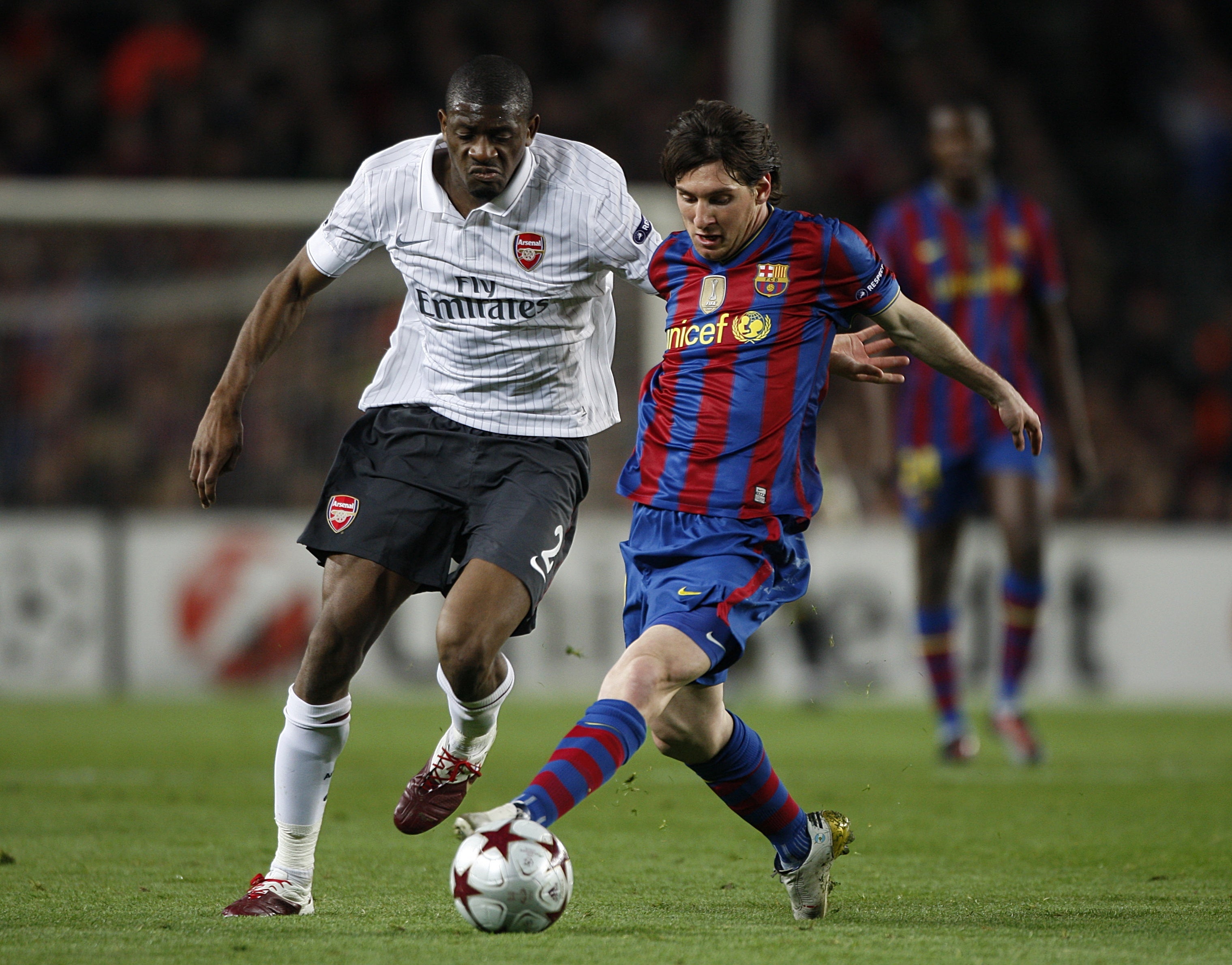 Lionel Messi, battling with Arsenal’s Abou Diaby, scored a record 672 goals in 778 games for Barcelona (Nick Potts/PA)