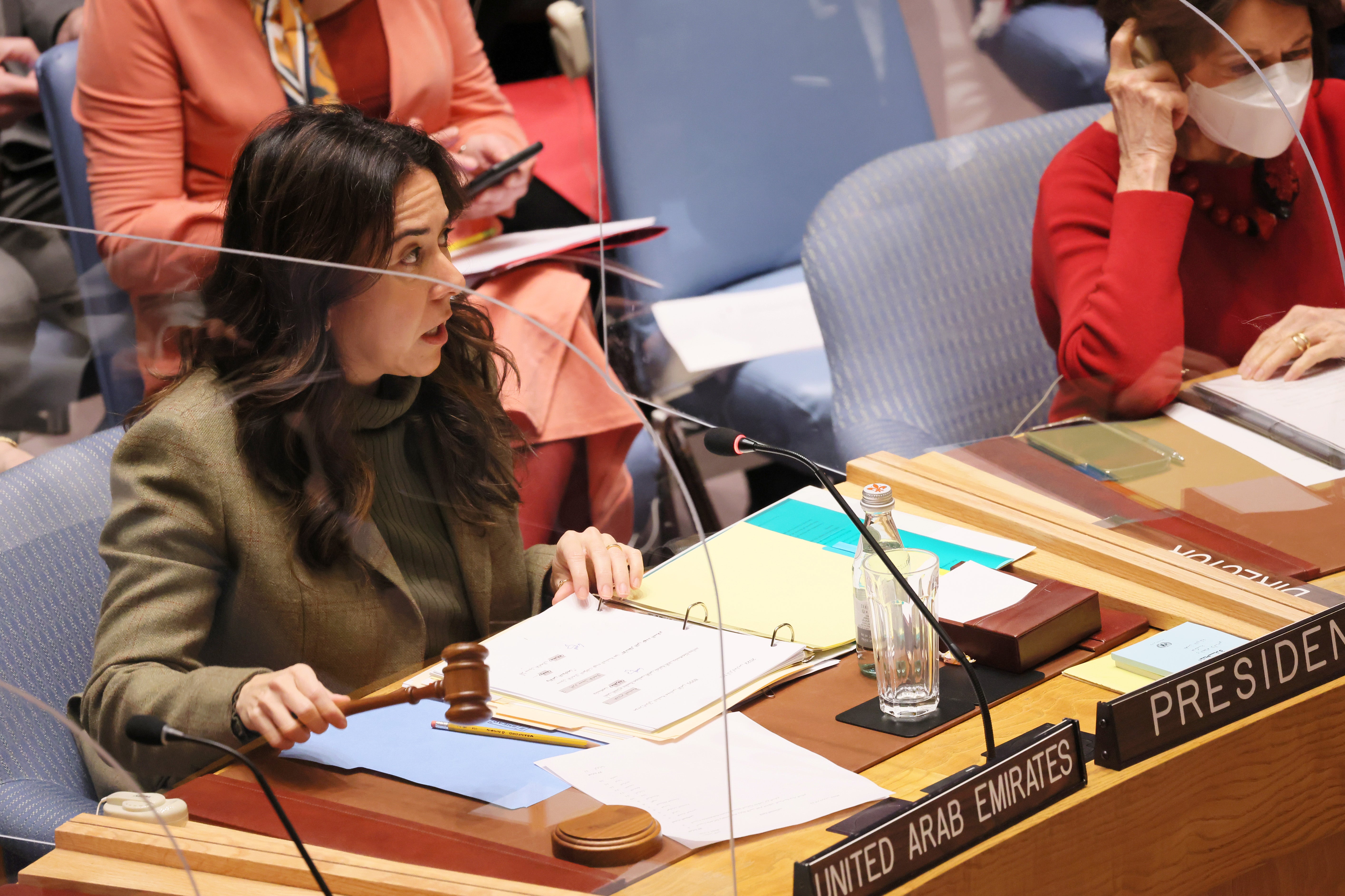 Lana Zaki Nusseibeh, UAE permanent representative to the UN, speaks at the UN Security Council in New York, 11 March 2022