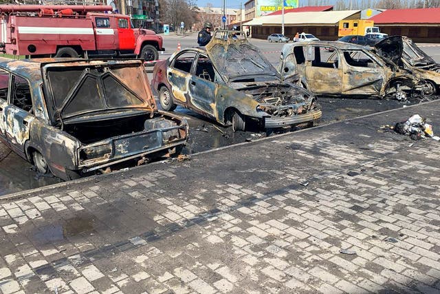 <p>Burnt out vehicles are seen after a rocket attack on the railway station in the eastern city of Kramatorsk, in the Donbass region, on 8 April</p>