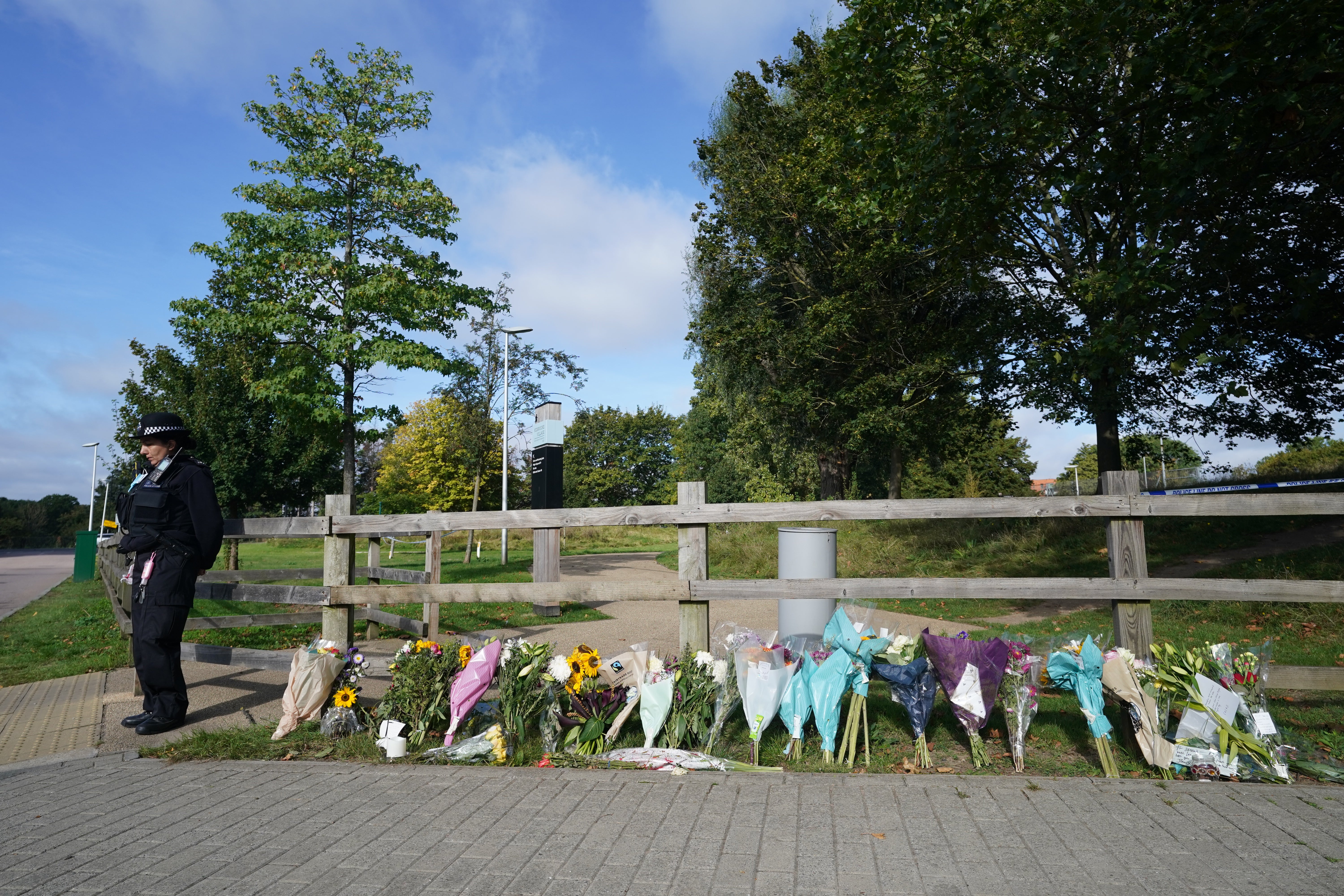 Floral tributes left at Cator Park, Kidbrooke, south-east London, close to where Sabina Nessa’s body was found (Ian West/PA)