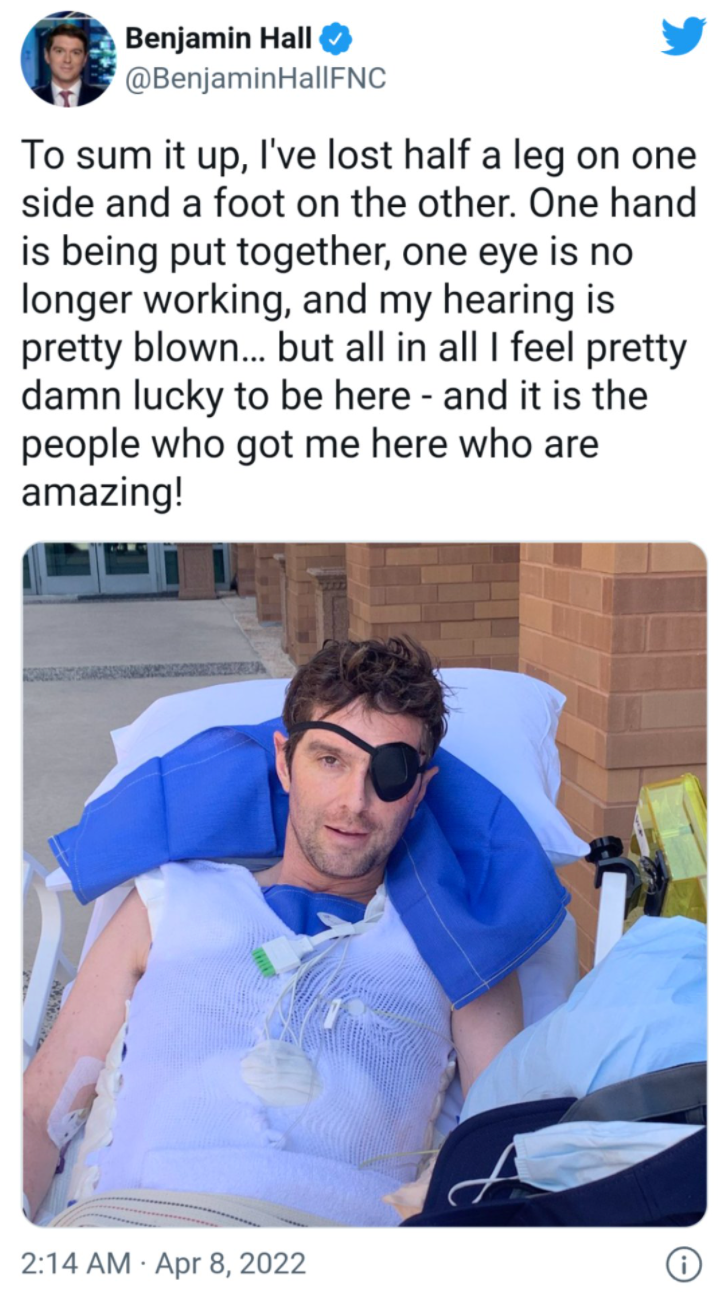 Ben Hall, Fox News reporter, posts an update on his condition on Twitter after surviving a shelling attack while working Ukraine.