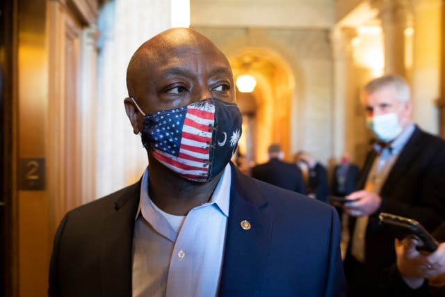 <p>Republican Senator from South Carolina Tim Scott leaves after voting during a Senate vote on Capitol Hill in Washington, DC, USA, 26 April 2021. The Senate will continue work this week on nominations and US President Joe Biden's infrastructure plan.  EPA/MICHAEL REYNOLDS</p>