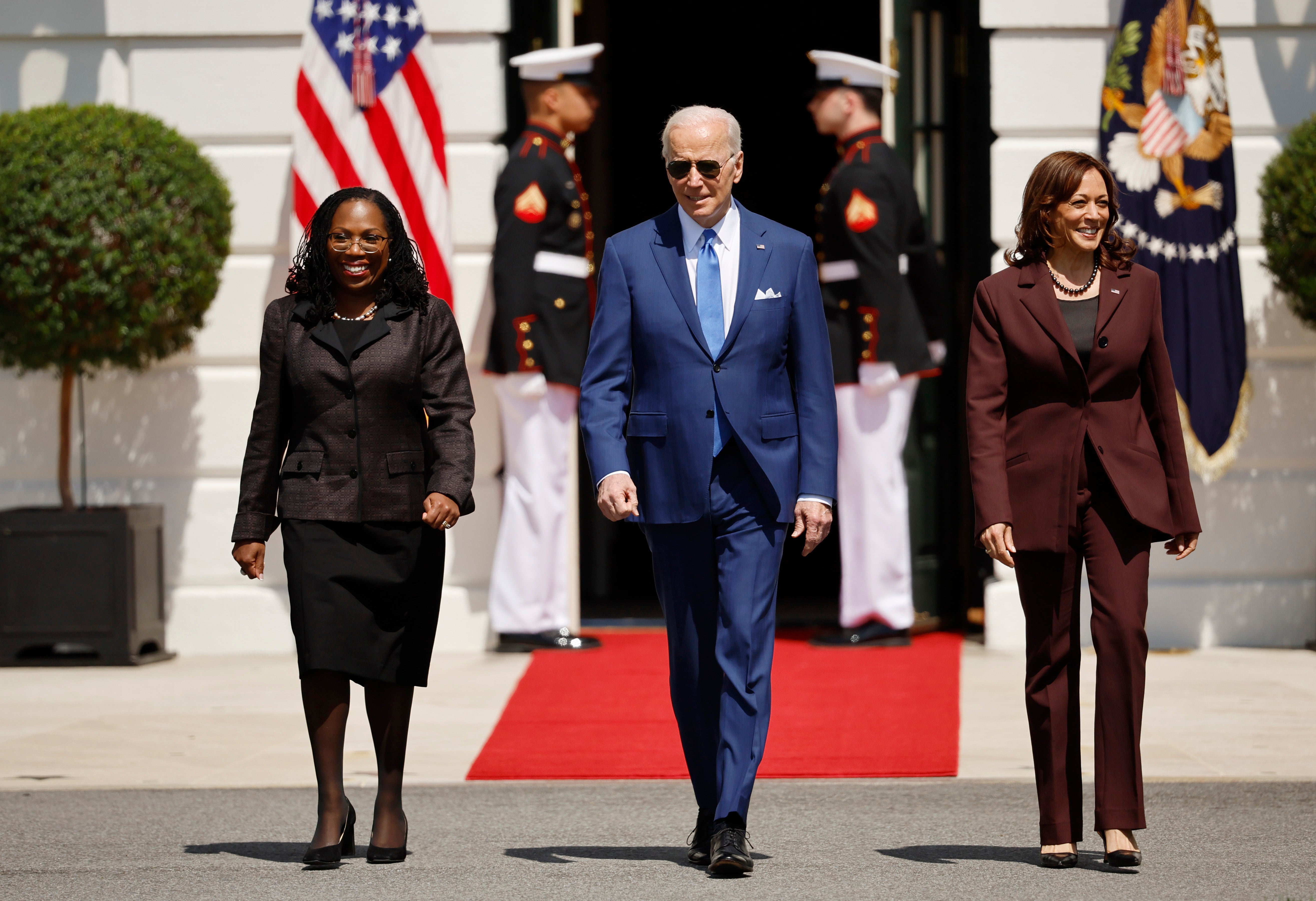 WASHINGTON, DC - APRIL 08: U.S. President Joe Biden and Vice President Kamala Harris (R) host Judge Ketanji Brown Jackson (L) for an event celebrating her confirmation to the U.S. Supreme Court on the South Lawn of the White House on April 08, 2022 in Washington, DC. Judge Jackson was confirmed by the Senate 53-47 and is set to become the first Black woman to sit on the nation's highest court. (Photo by Chip Somodevilla/Getty Images)