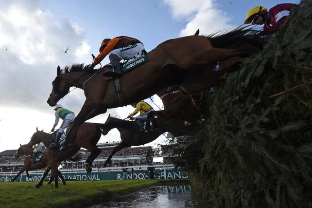 Eventual winner Noble Yeats ridden by jockey Sam Waley-Cohen take the water-jump during the Grand National Steeple Chase on the final day of the Grand National at Aintree Racecourse in Liverpoo