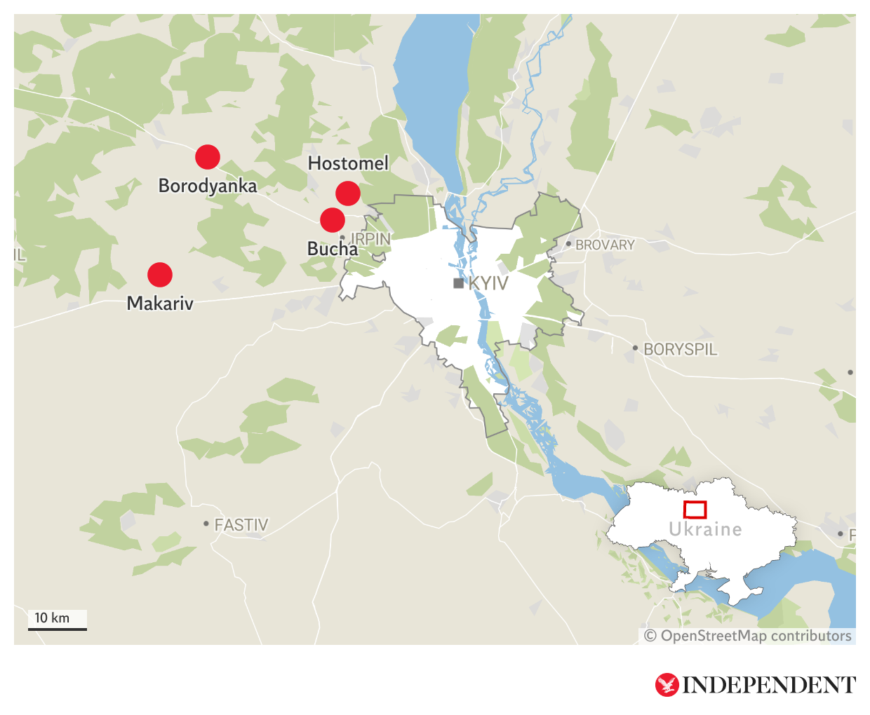 Areas visited by The Independent in the wake of the Russian retreat