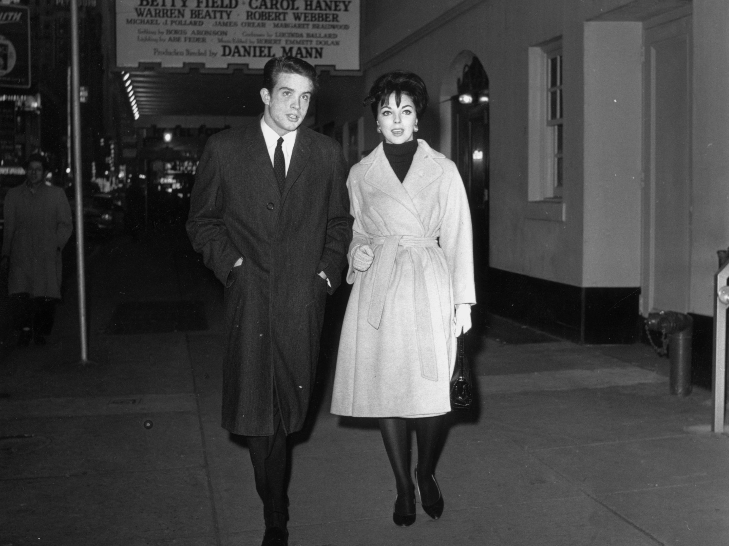 English starlet Joan Collins with American actor Warren Beatty in New York in 1959