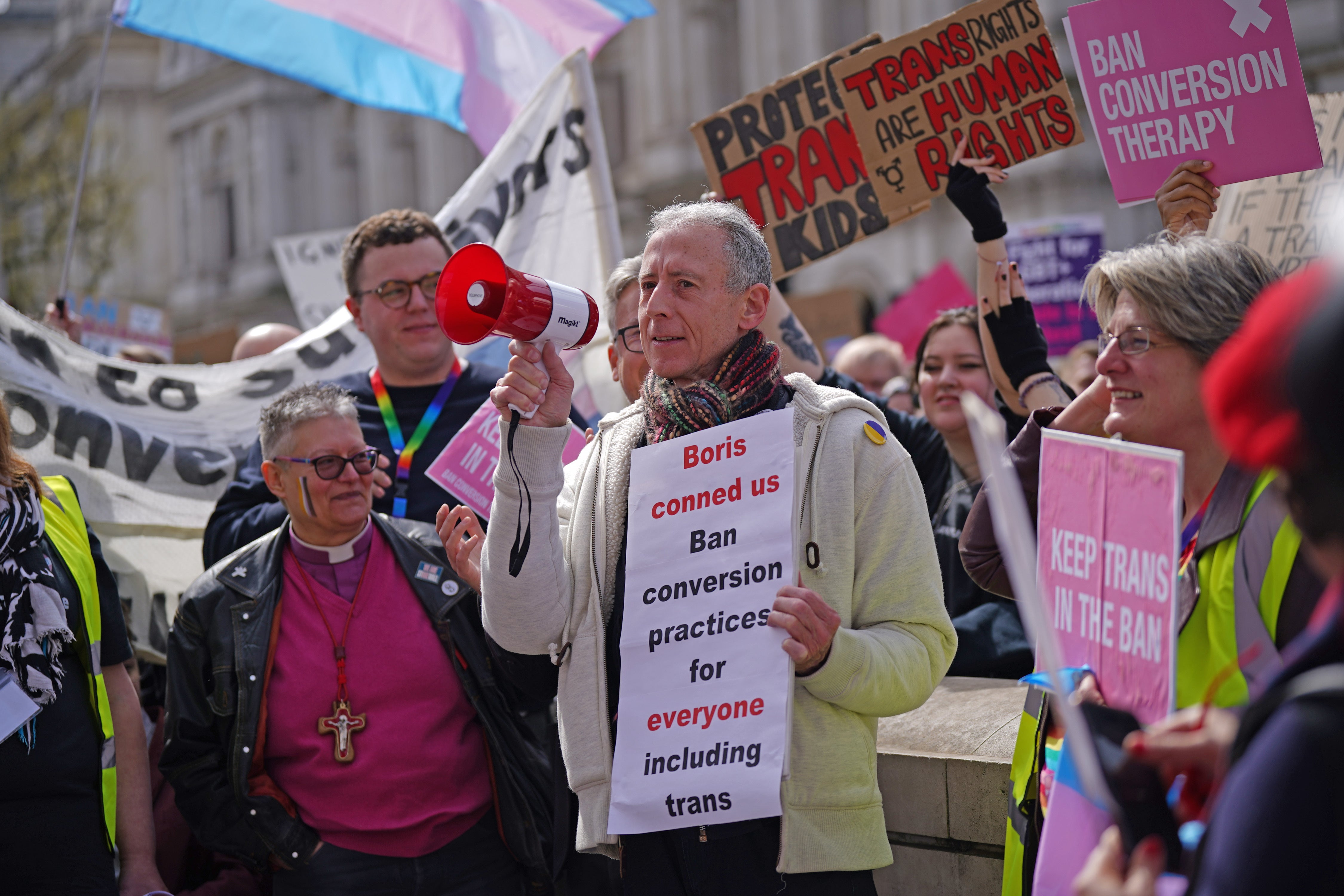 LGBT campaigner Peter Tatchell told protesters that the only ban worth having is one that includes everyone (Yui Mok/PA)