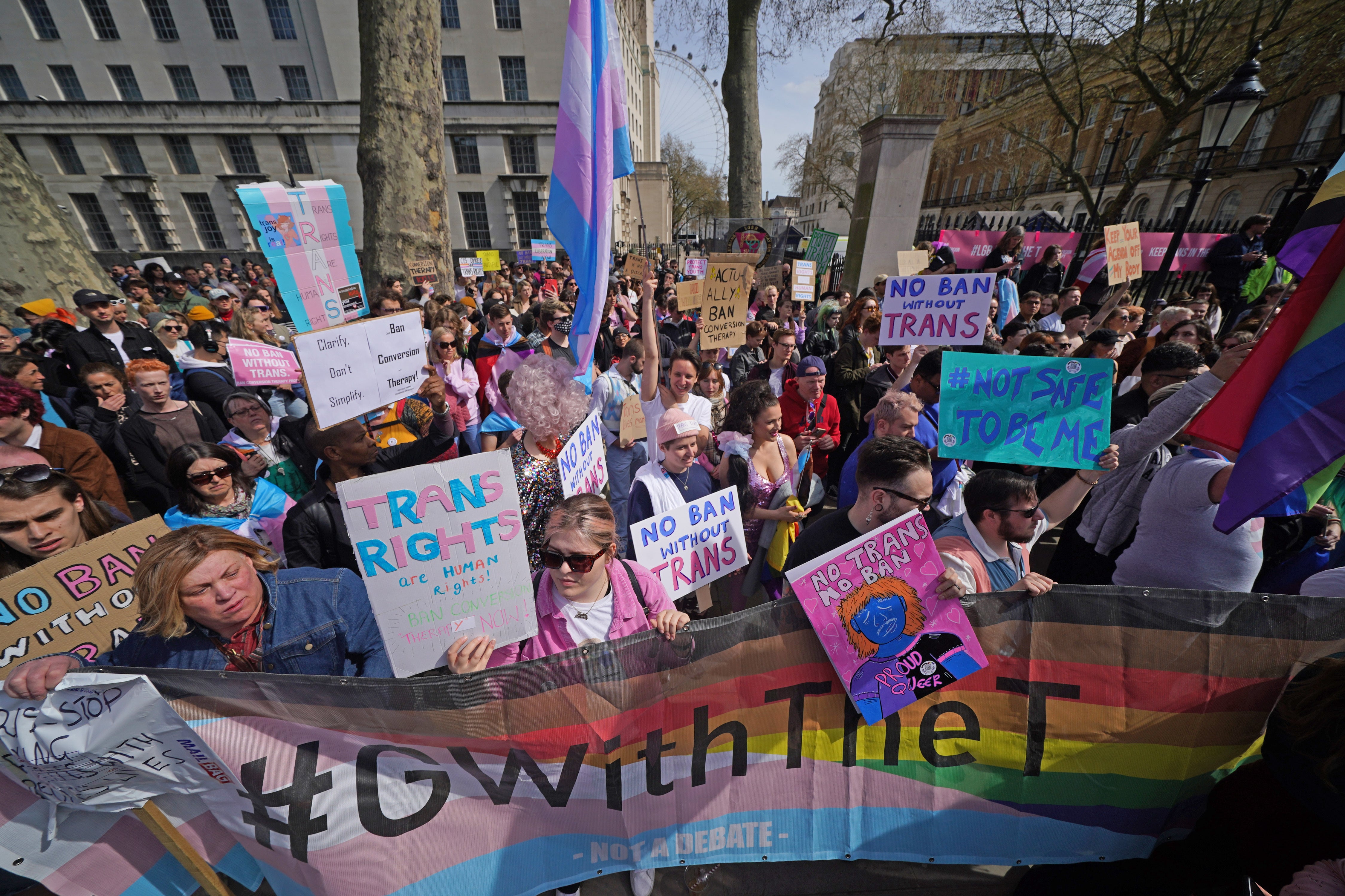 Hundreds of demonstrators gathered outside Downing Street to demand trans people be included in a proposed ban on conversion therapy (Yui Mok/PA)