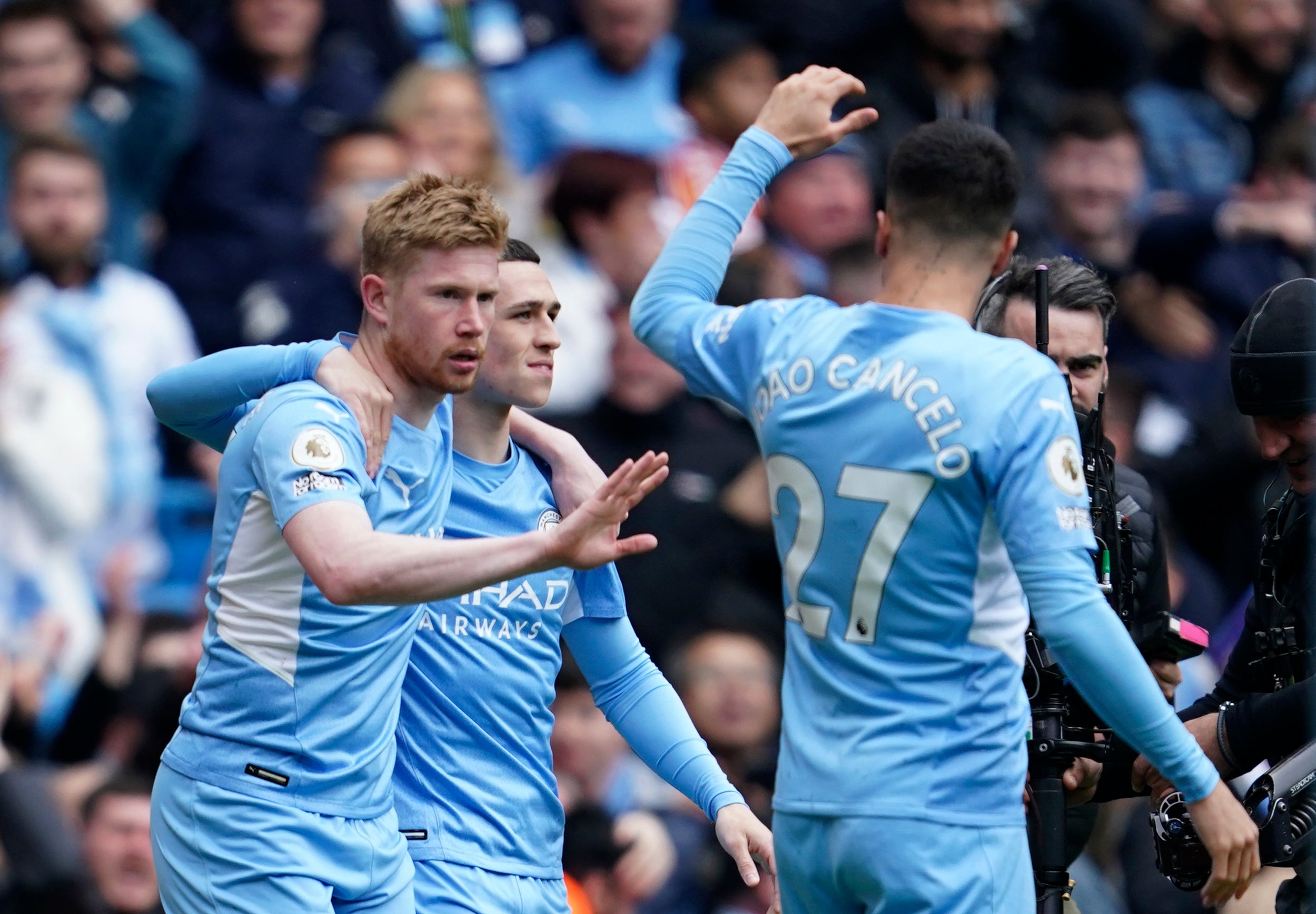 Manchester City’s Kevin De Bruyne celebrates his opening goal (Jon Super/AP).