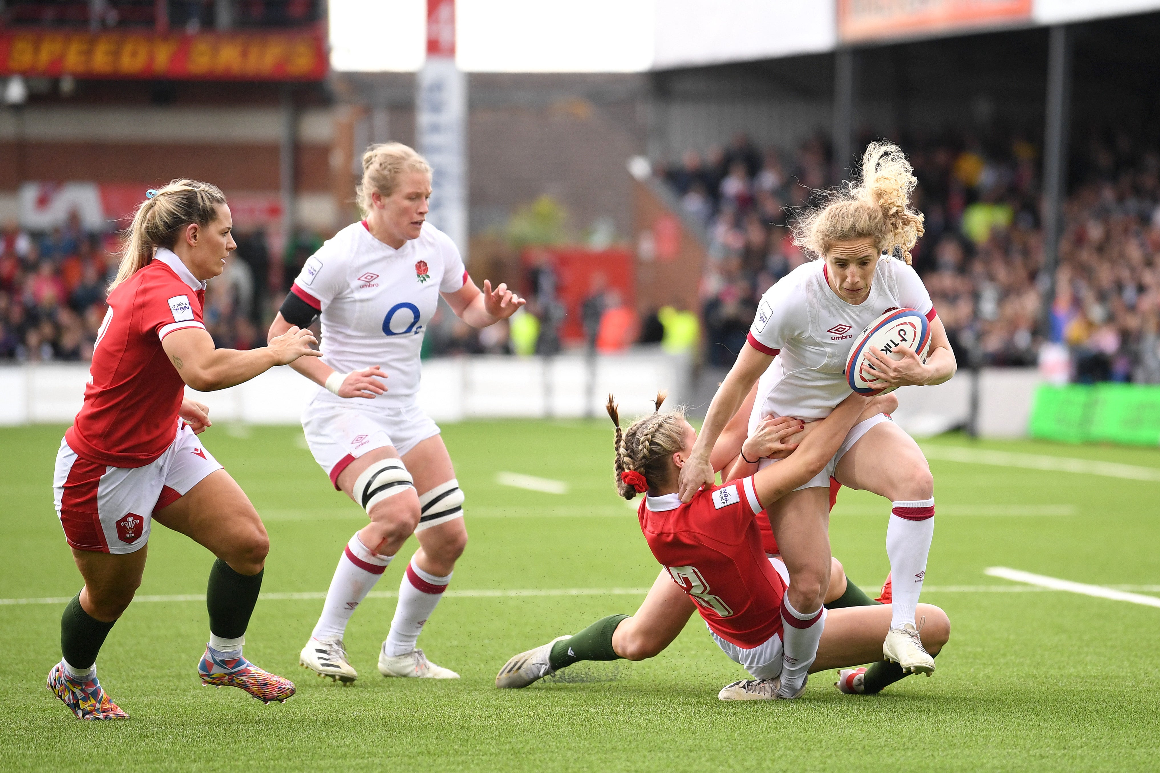 England full-back Abby Dow (right) was badly injured during Saturday’s match against Wales at Kingsholm