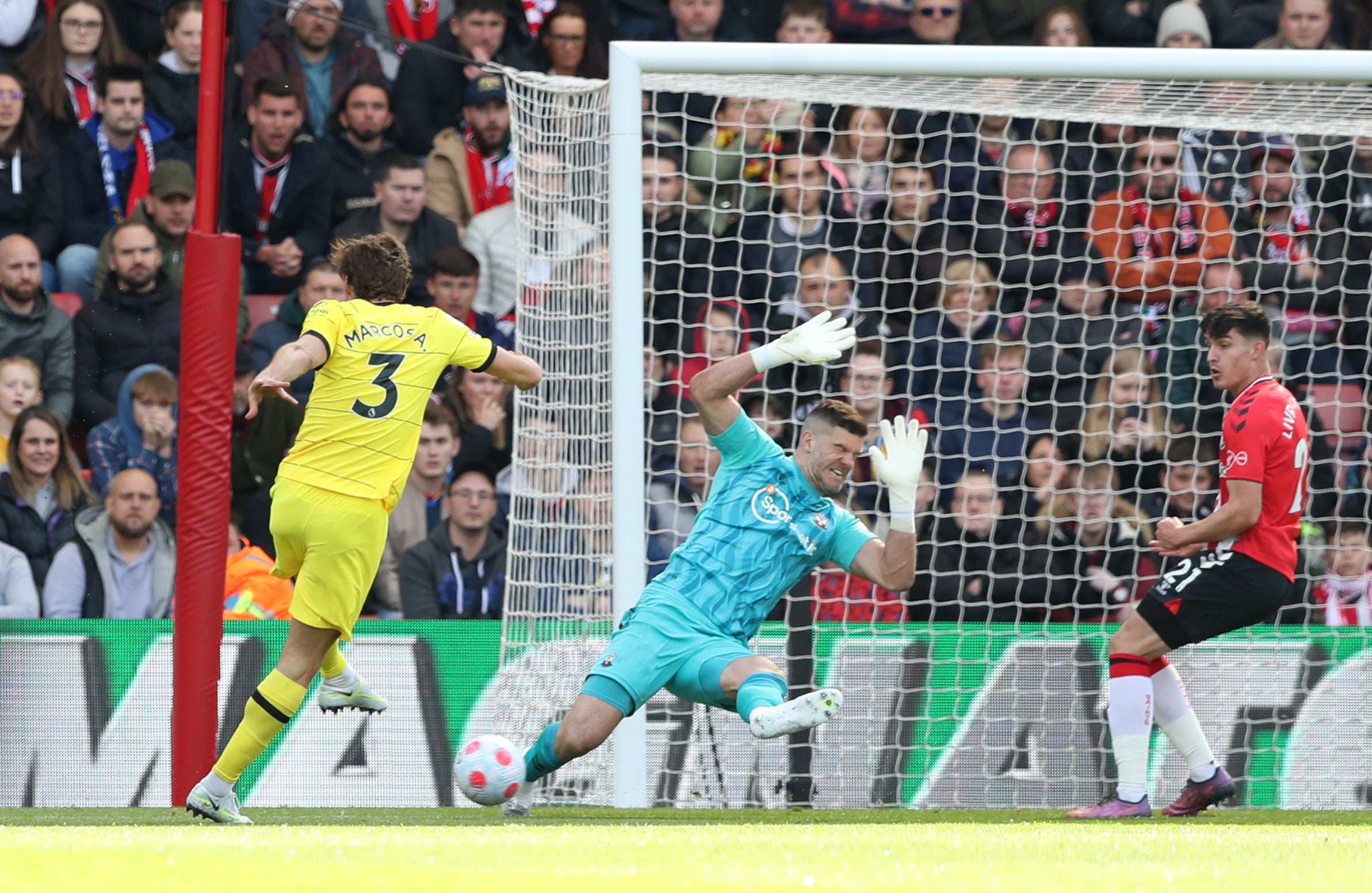 Marcos Alonso fires Chelsea’s first goal as they hit Southampton for six in their Premier League game at St Mary’s Stadium (Kieran Cleeves/PA)