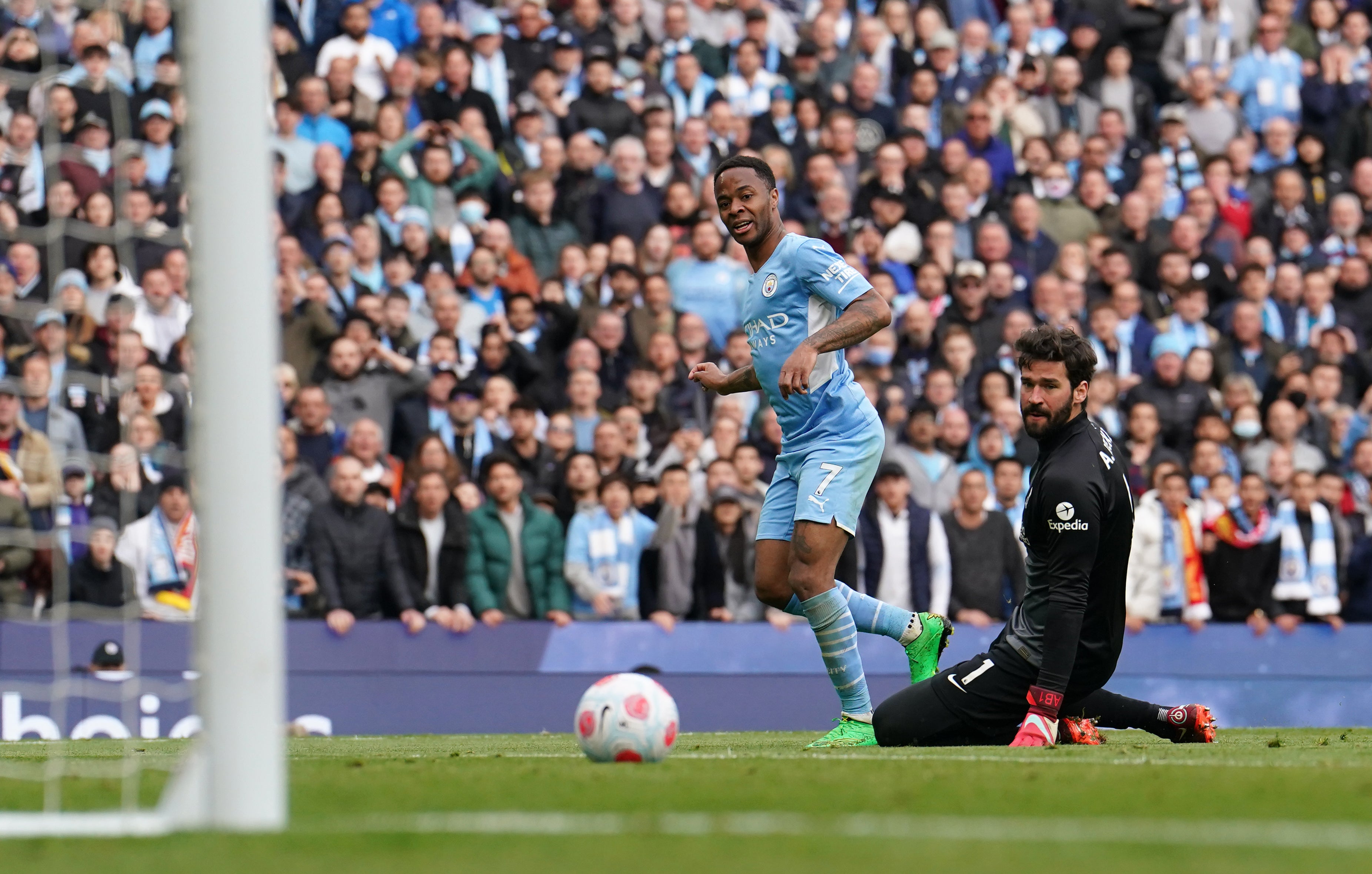 Raheem Sterling’s second-half effort was ruled out by VAR for offside as Manchester City and Liverpool played out a thriller at the Etihad Stadium (Martin Rickett/PA)