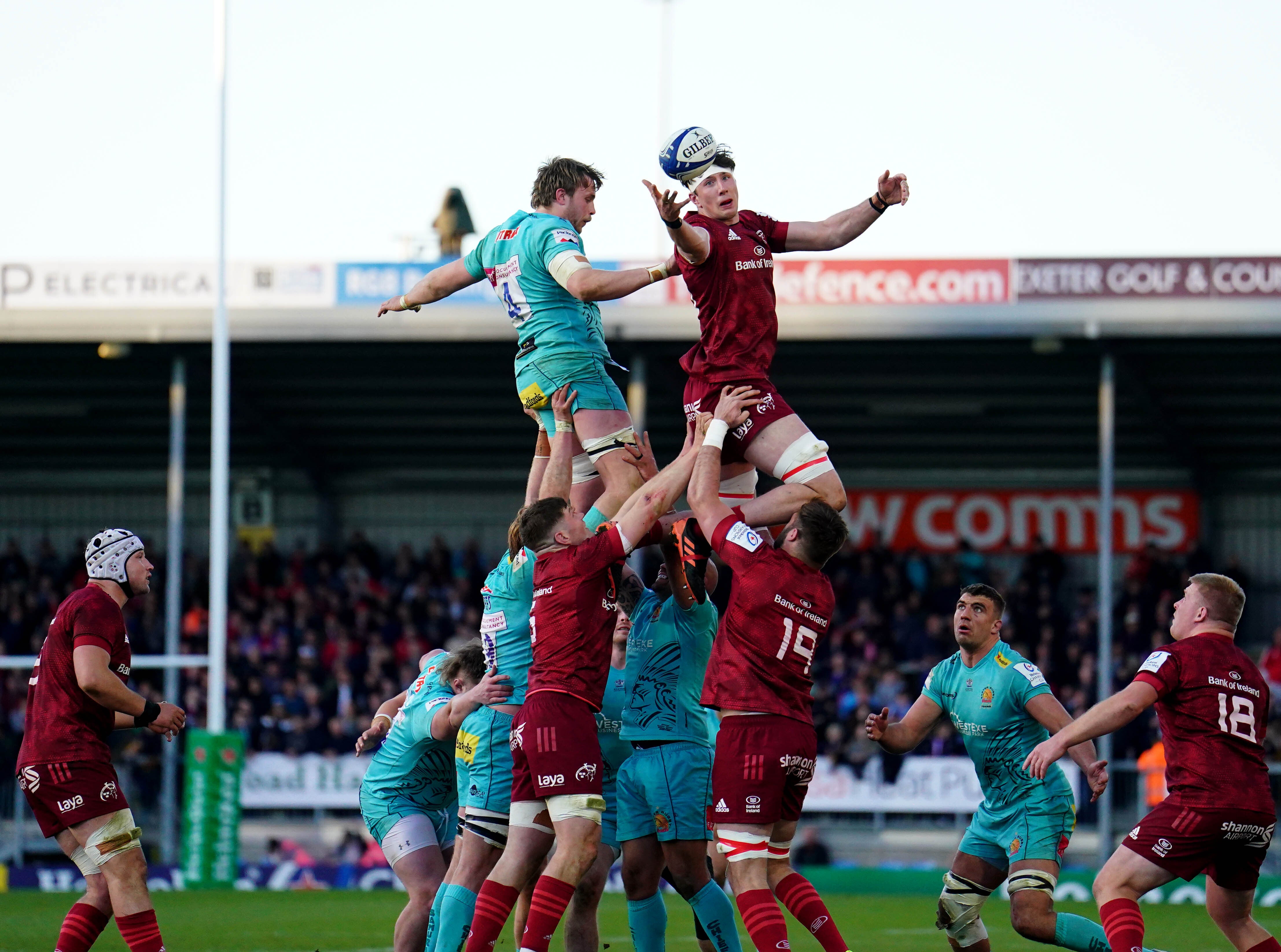 Exeter’s Jonny Gray, left, and Munster’s Thomas Aherne contest a lineout during the English side’s 13-8 Heineken Champions Cup win at Sandy Park (Adam Davy/PA)