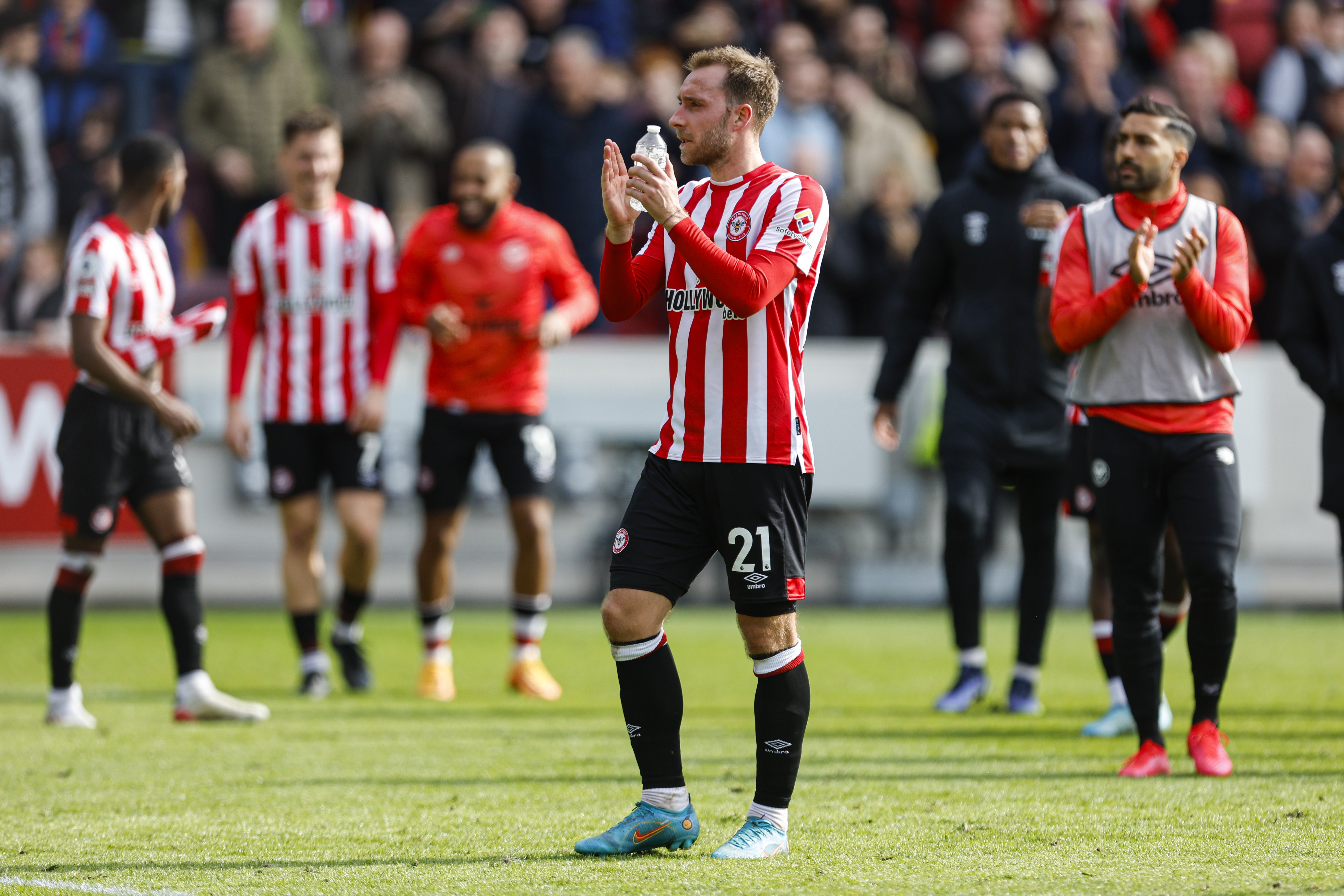 Brentford’s Christian Eriksen applauds the fans after his side took another huge step to Premier League safety after beating West Ham 2-0 (Steve Paston/PA)