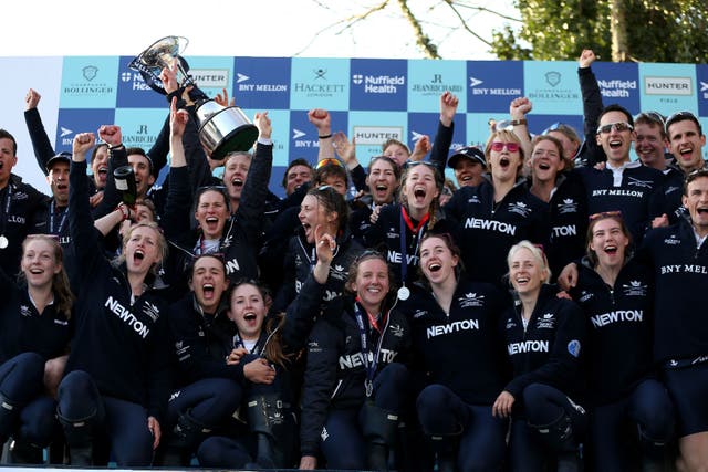 The Oxford men’s and women’s crews celebrate double victory in the 2015 boat races (Steve Paston/PA)