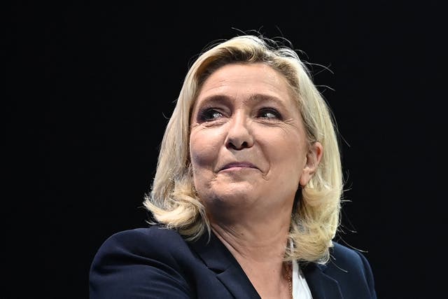 <p>French far-right presidential candidate Marine Le Pen speaks during a campaign rally in Perpignan, southern France, on 7 April 2022</p>