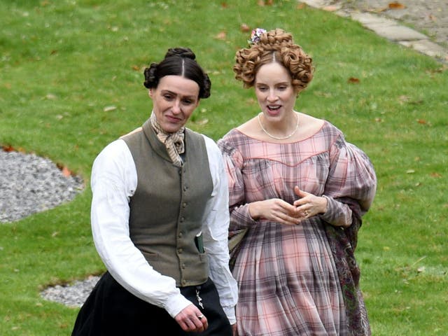 <p>Suranne Jones is pictured in her role of Anne Lister in the BBC drama Gentleman Jack alongside actress Sophie Rundle who plays wife Ann Walker.</p>