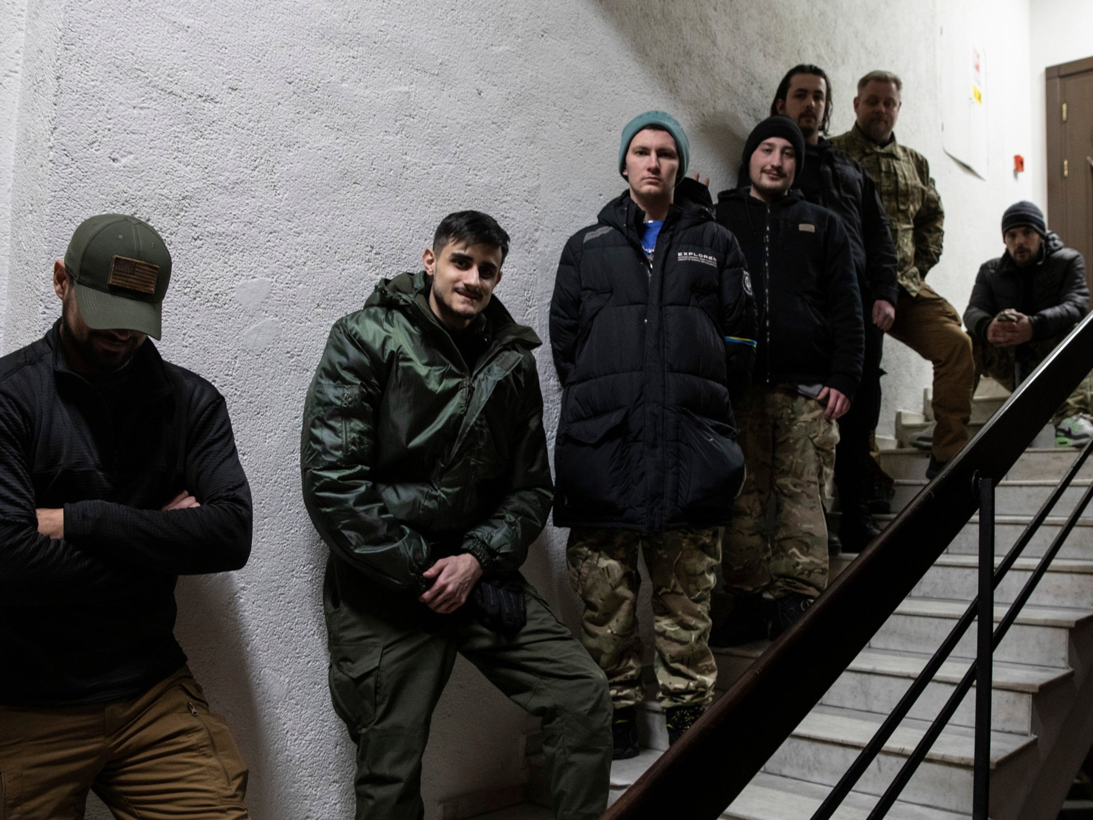 An early group of volunteer fighters gather in Kyiv, from countries including Germany, the US and Sweden