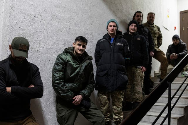 <p>An early group of volunteer fighters gather in Kyiv, from countries including Germany, the US and Sweden</p>
