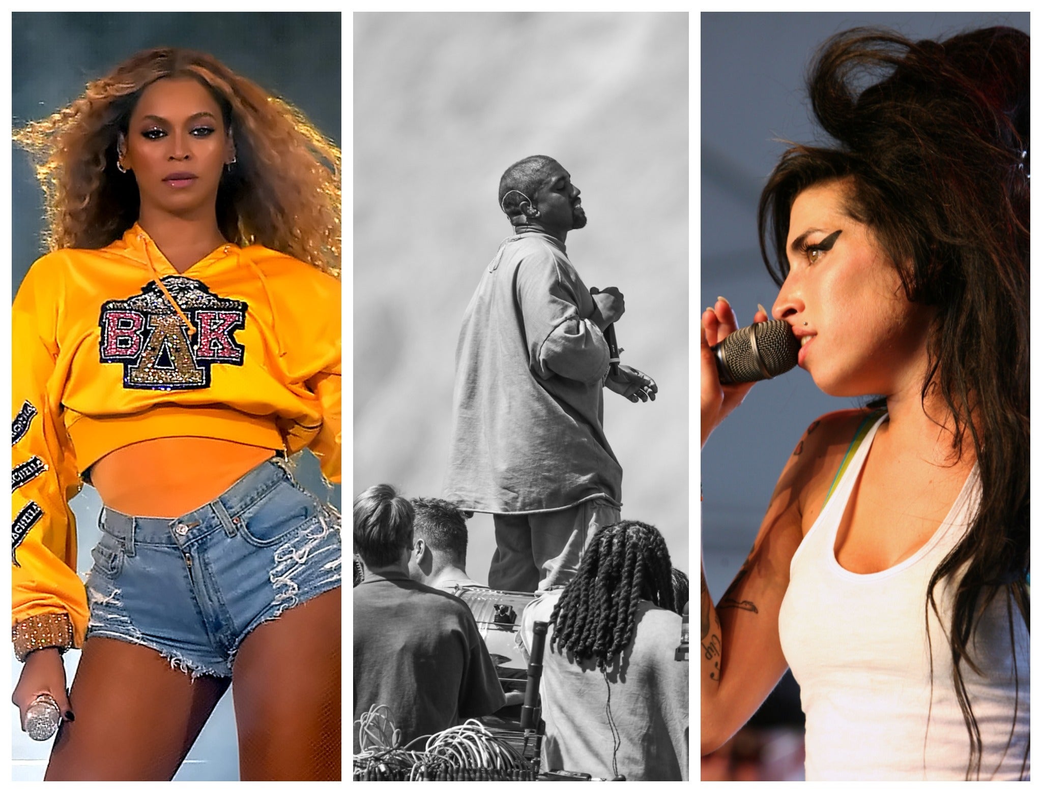 <p>L-R: Beyonce, Kanye West and Amy Winehouse during their Coachella performances</p>