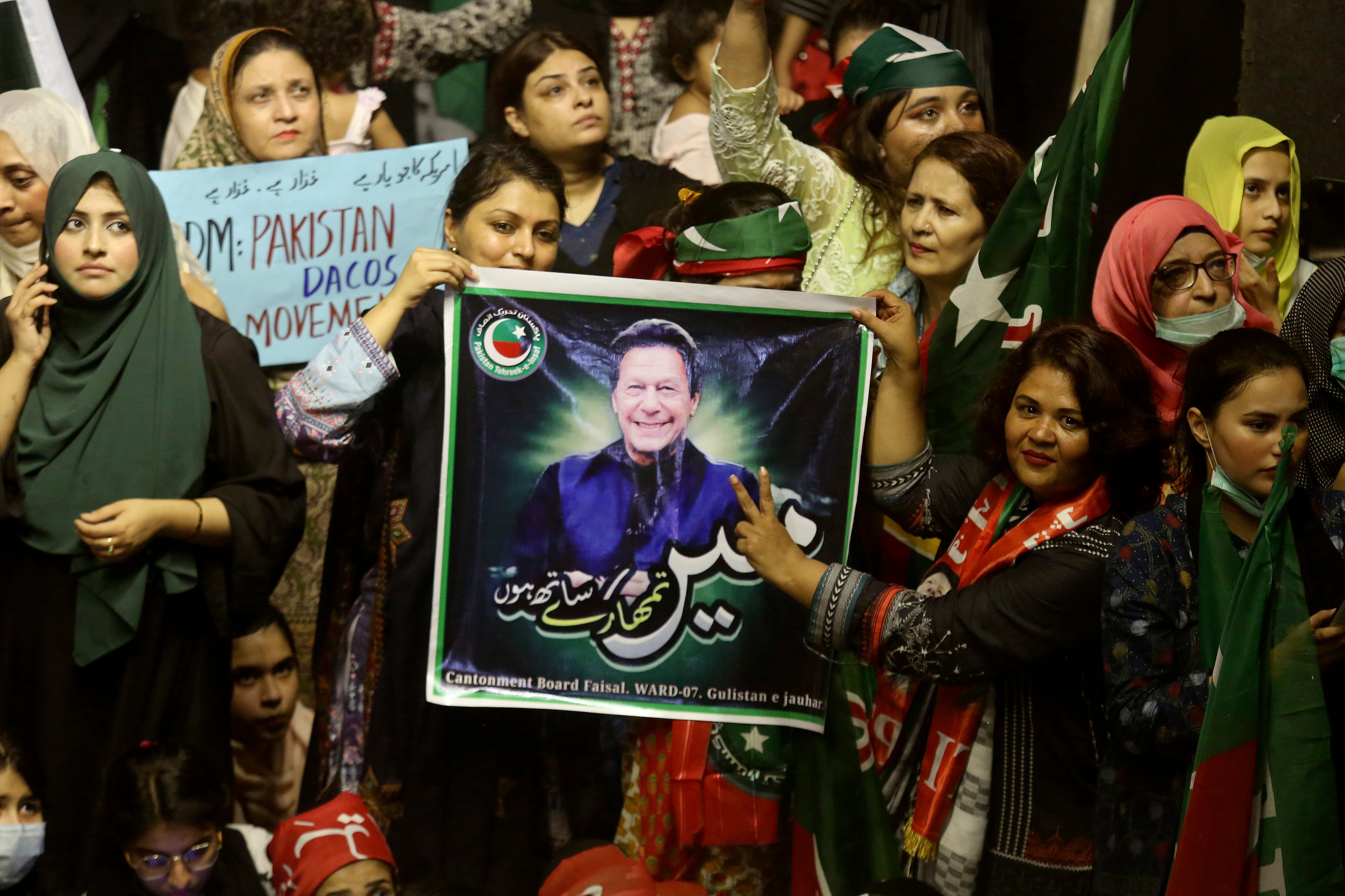 Supporters of deposed Prime Minister Imran Khan's party participate in a rally to condemn the ouster of their leader's government, in Karachi