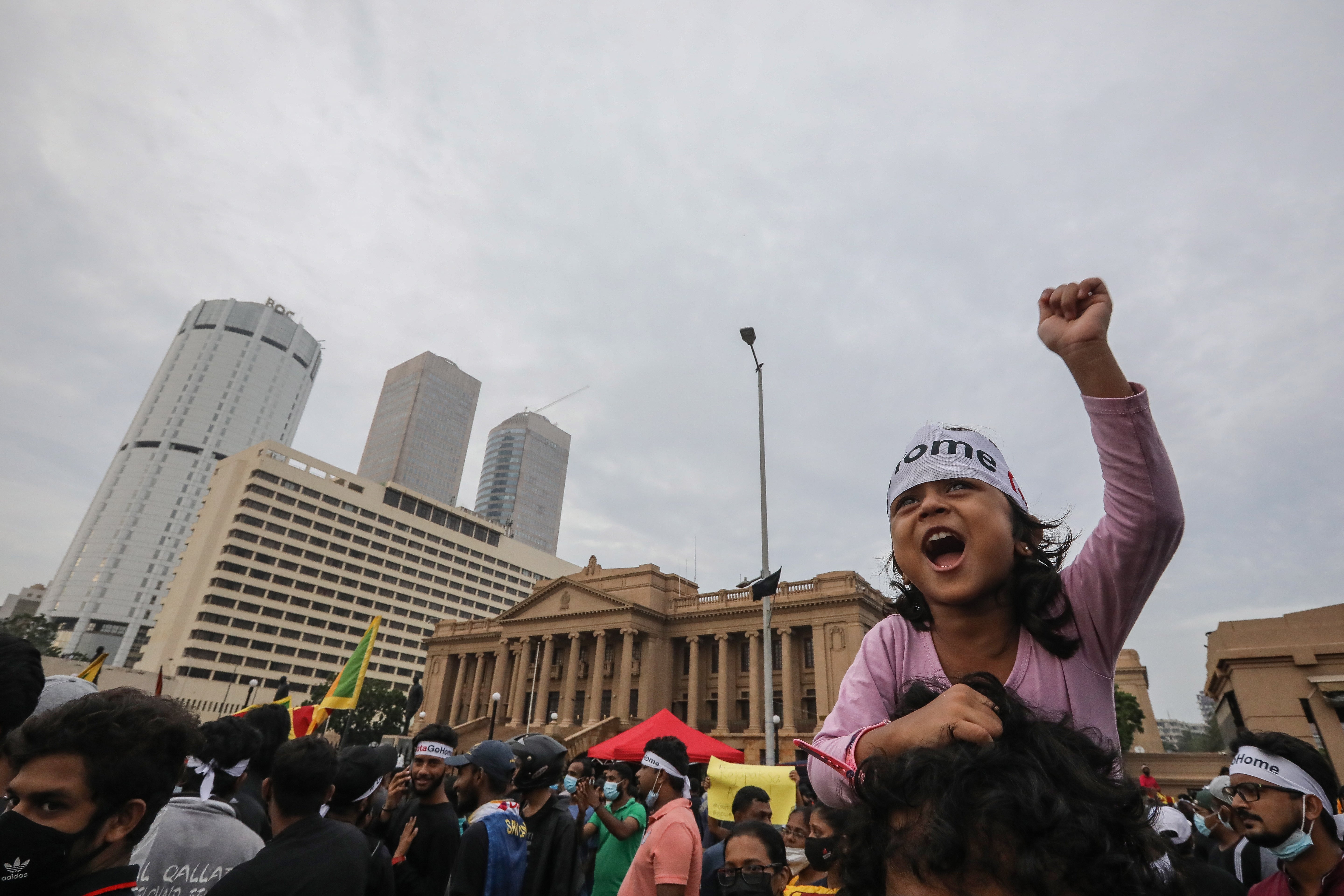 People shout slogans during the continuous protest in front of the president's secretariat in Colombo, Sri Lanka, 10 April 2022