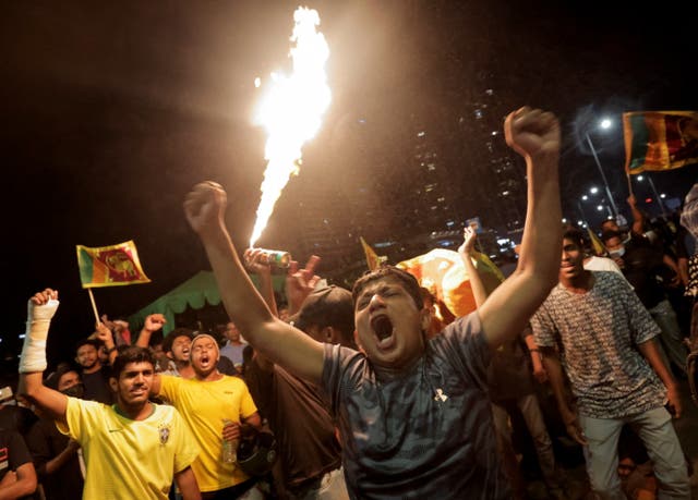 <p>Protestors shouts slogans against Sri Lanka President Gotabaya Rajapaksa near the Presidential Secretariat, amid the country’s economic crisis in Colombo, Sri Lanka, 10 April 2022</p>
