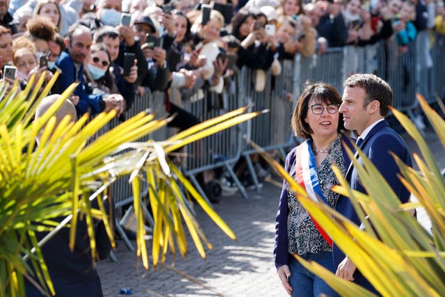 <p>Denain’s mayor Anne-Lise Dufour-Tonini welcomes Emmanuel Macron during a one day visit of Hauts-de-France, at the city hall in Denain</p>