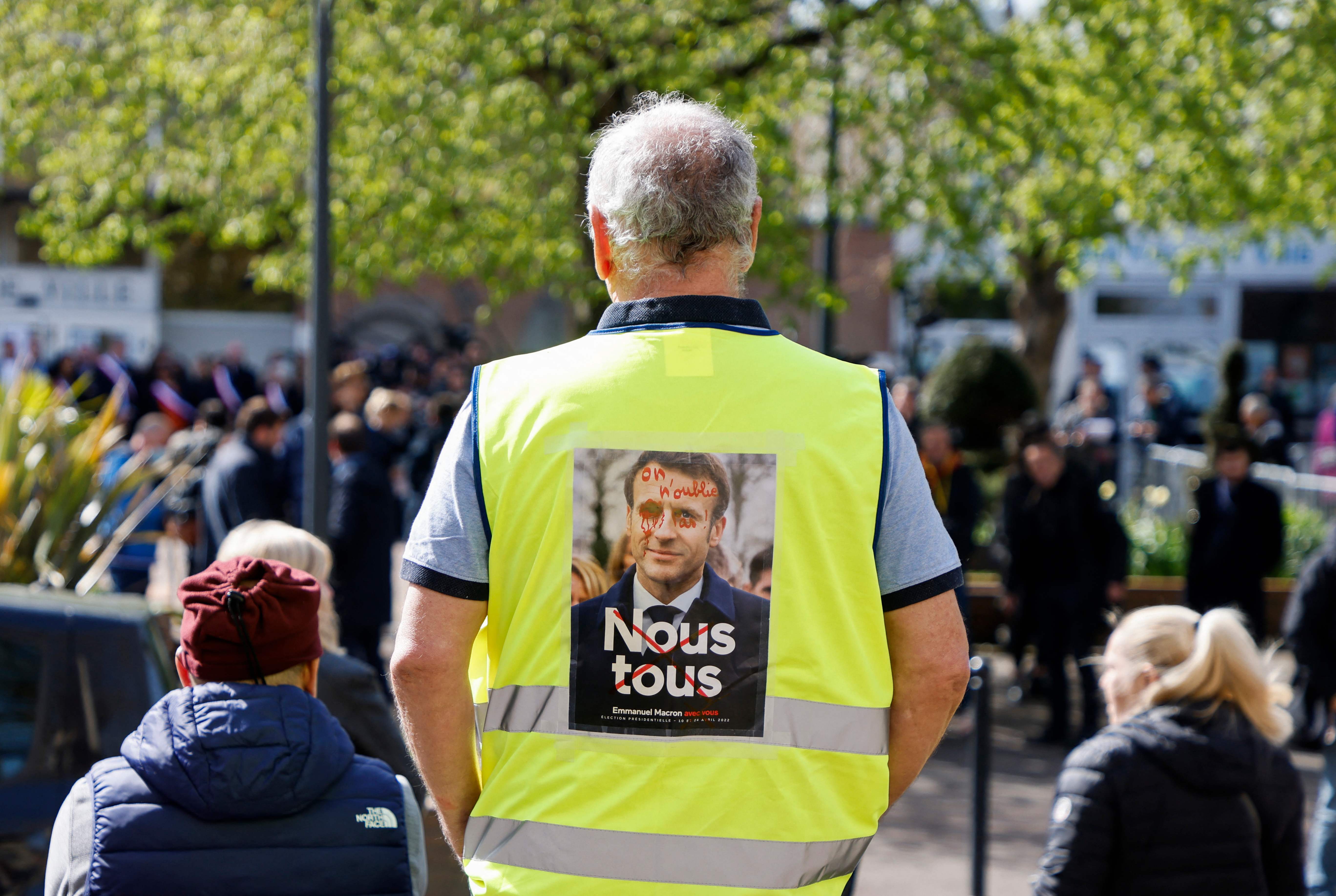 Mr Macron’s visit to Denain also attracted protesters opposed to another term for the incumbent