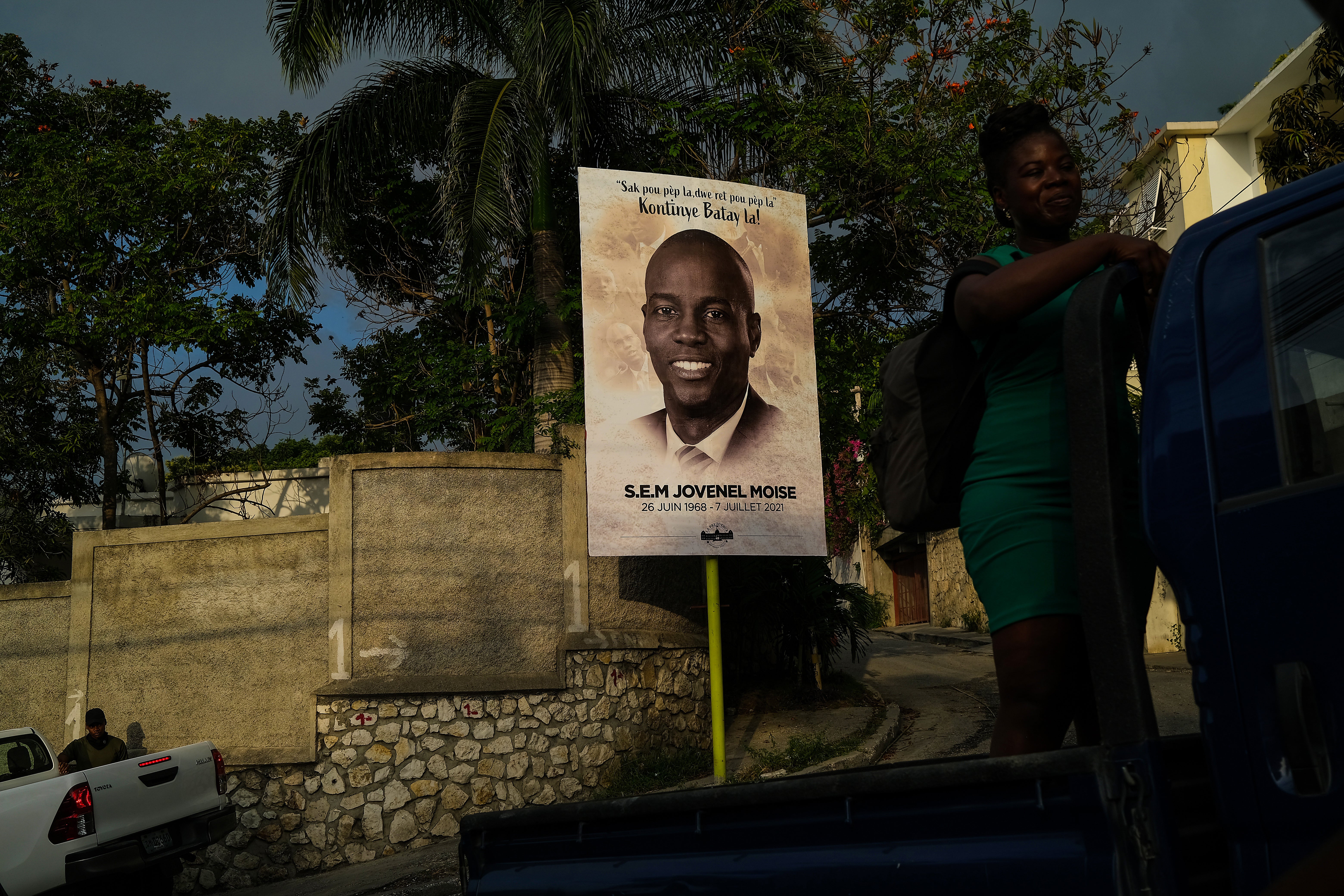 A photo in Port-au-Prince memorialises Haitian president Jovenel Moise on 21 July, two weeks after his assassination