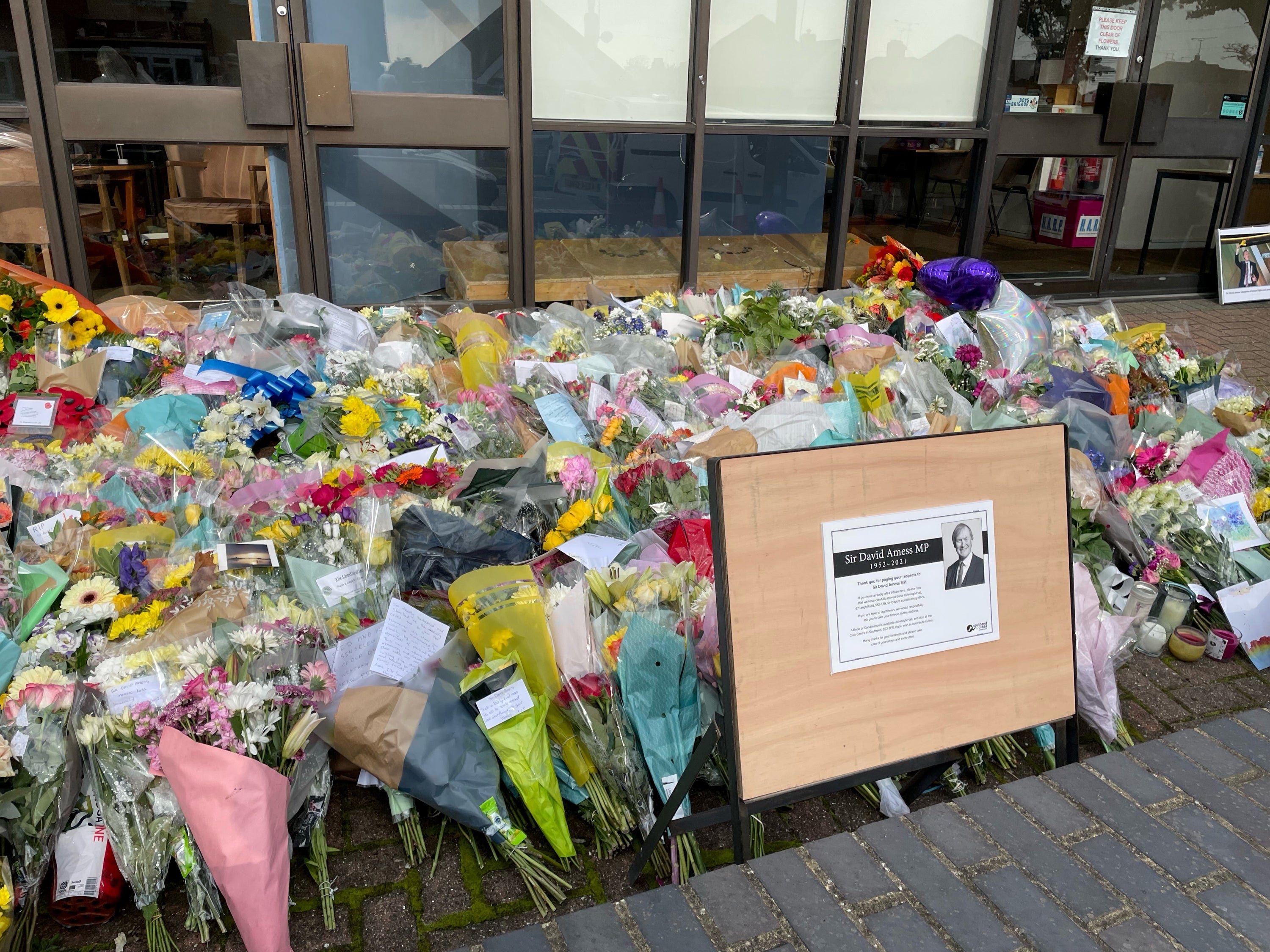 Floral tributes left outside the Belfairs Methodist Church in Leigh-on-Sea, Essex