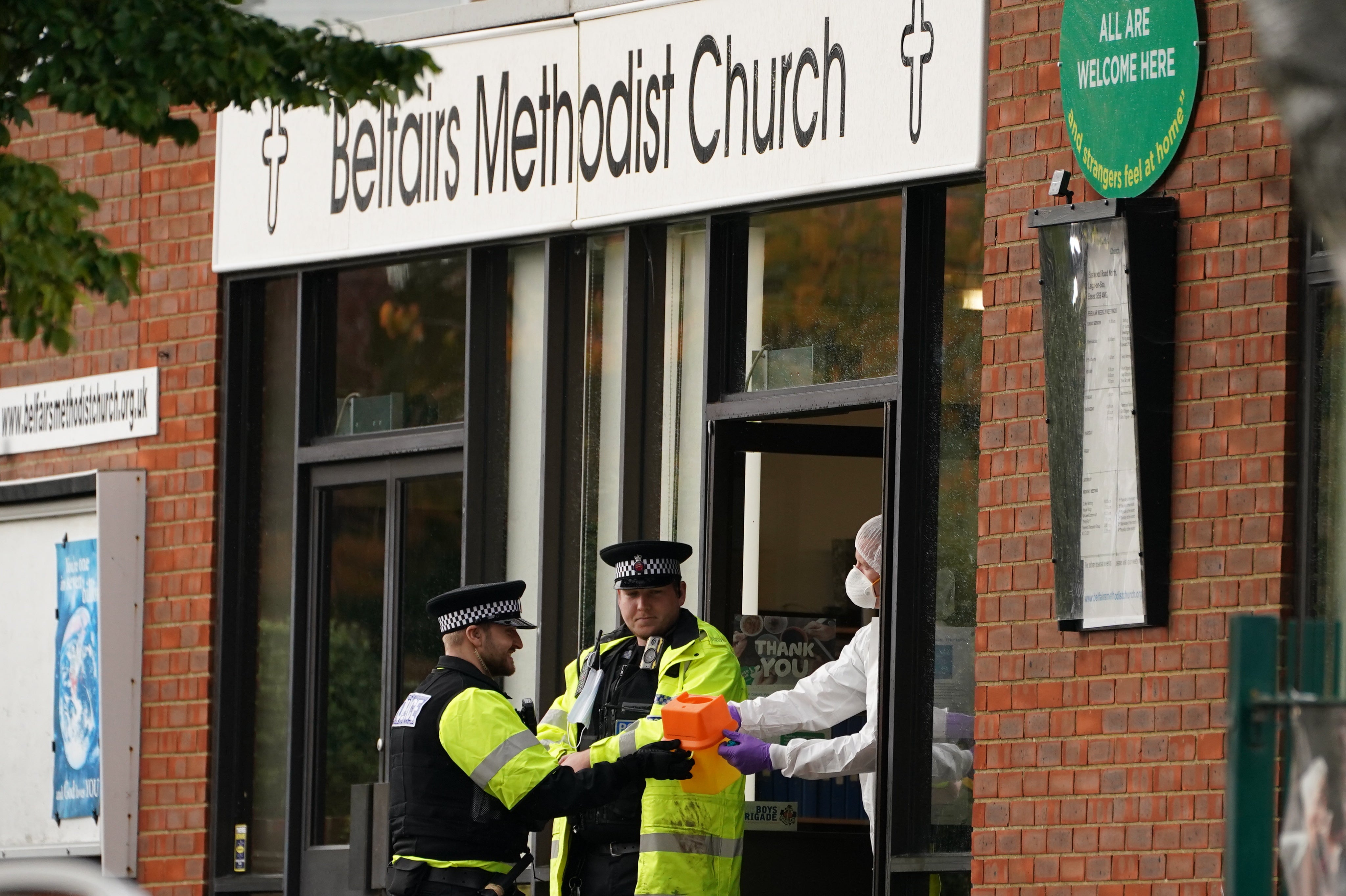 Forensic officers and police at Belfairs Methodist Church (PA)