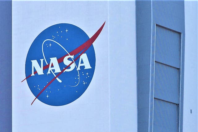 <p>Nasa’s logo on display at the Kennedy Space Center in Florida 17 March, 2022</p>