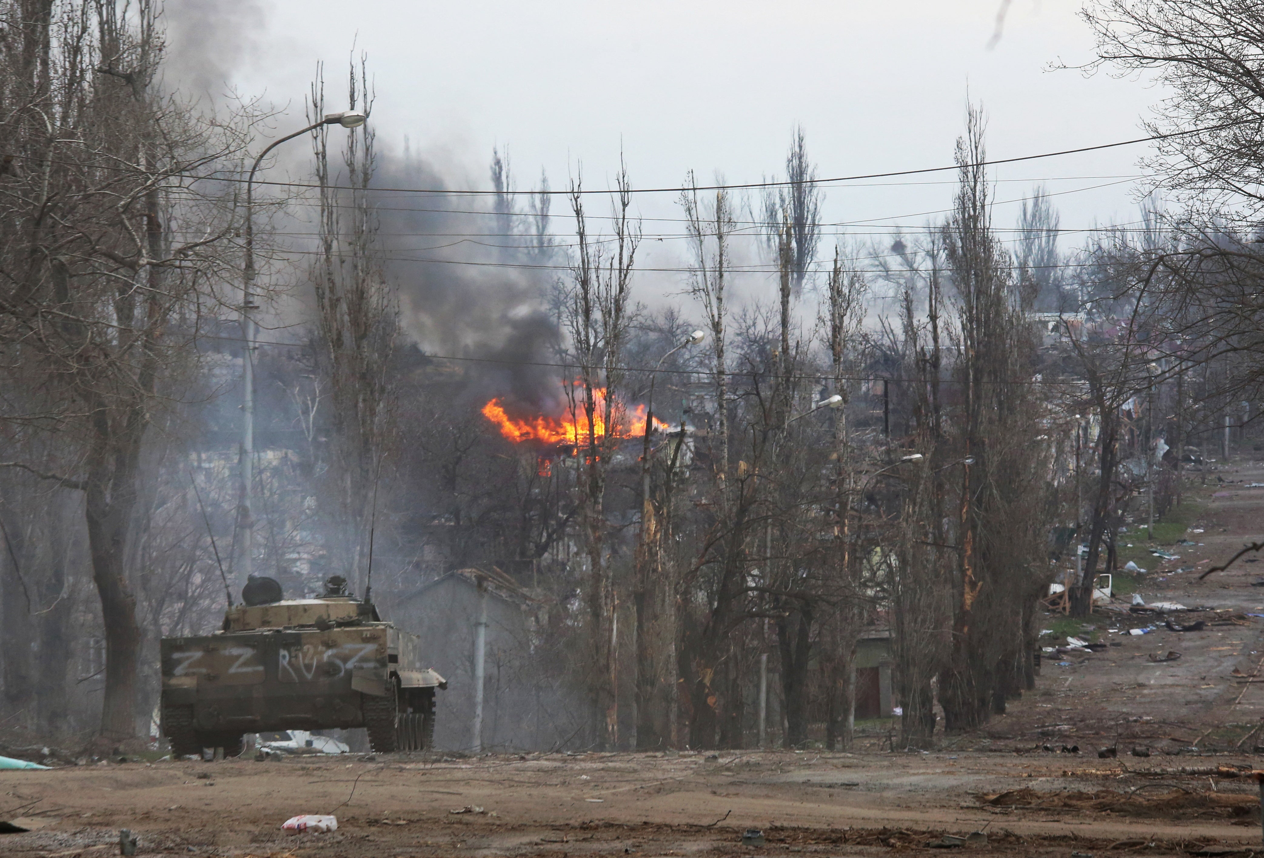 An armoured vehicle of pro-Russian troops seen in the southern port city of Mariupol on 11 April