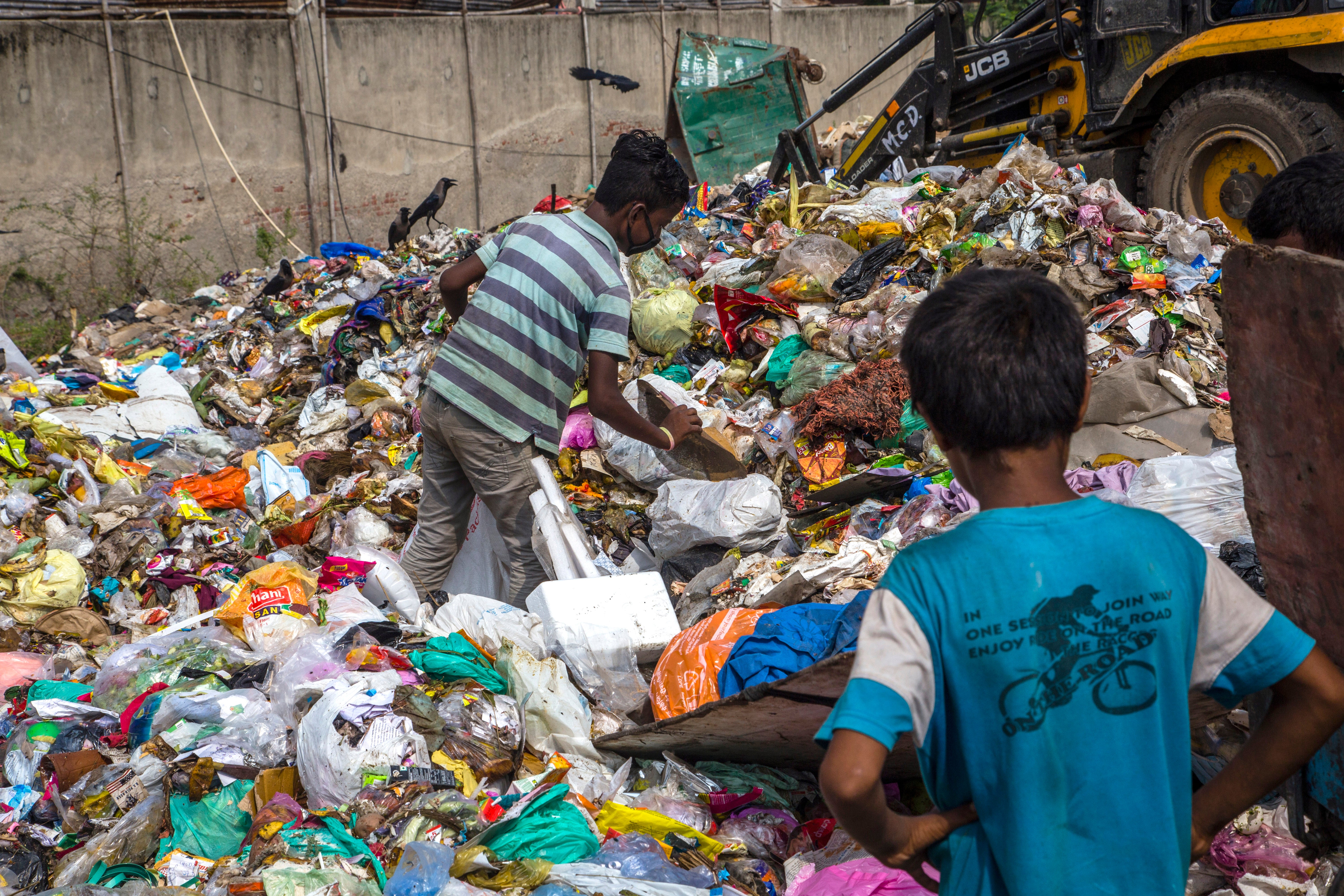 Indian children sort through rubbish, collecting valuable waste items from a dumping site in Delhi