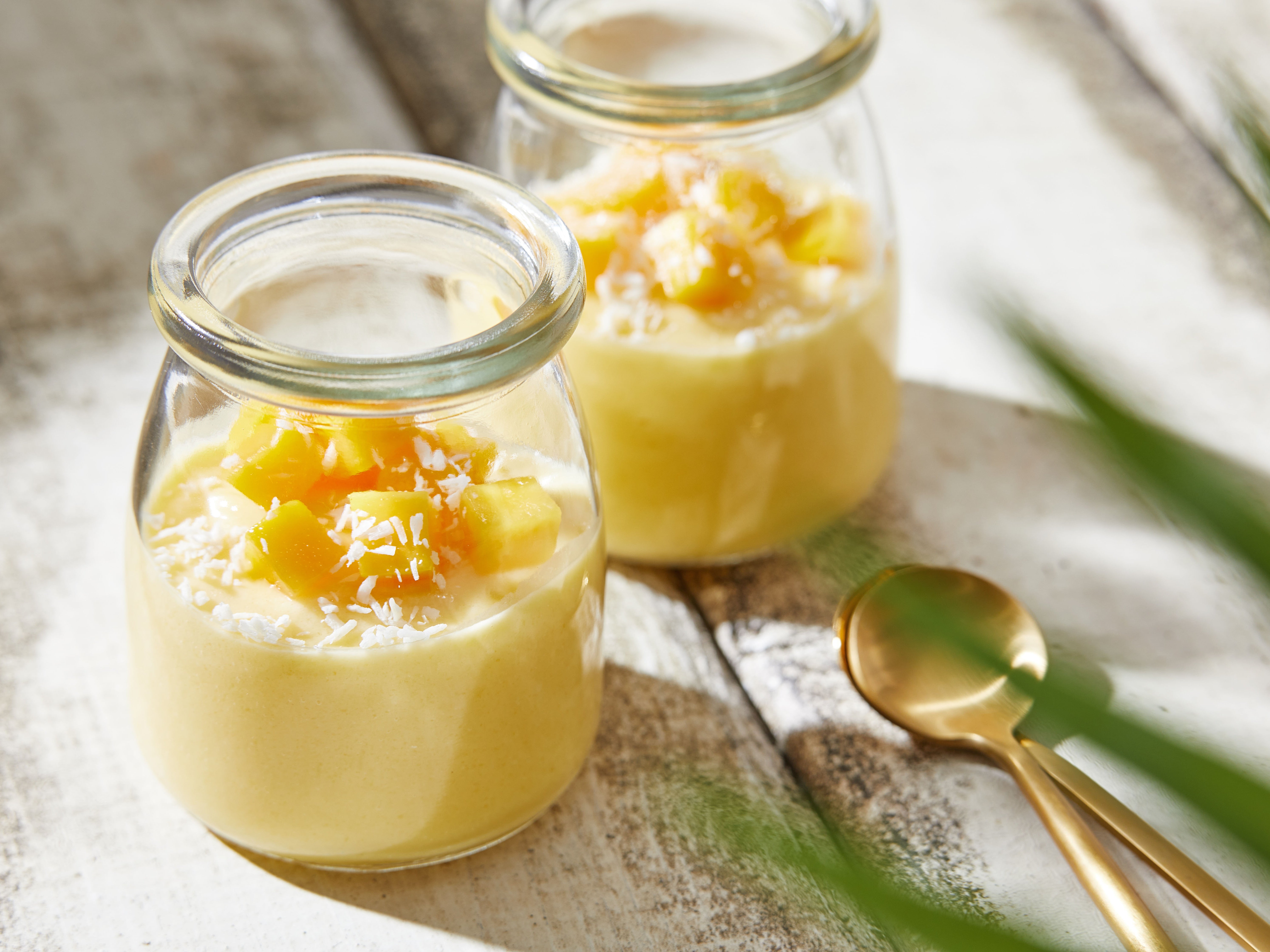 These no-cook dessert cups are a simple blend of mango and light coconut milk