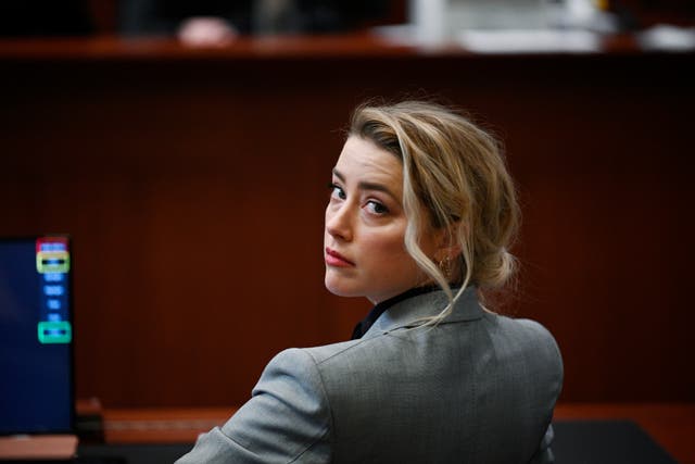 <p>Actress Amber Heard inside the courtroom at the Fairfax County Circuit Court 12 April 2022</p>