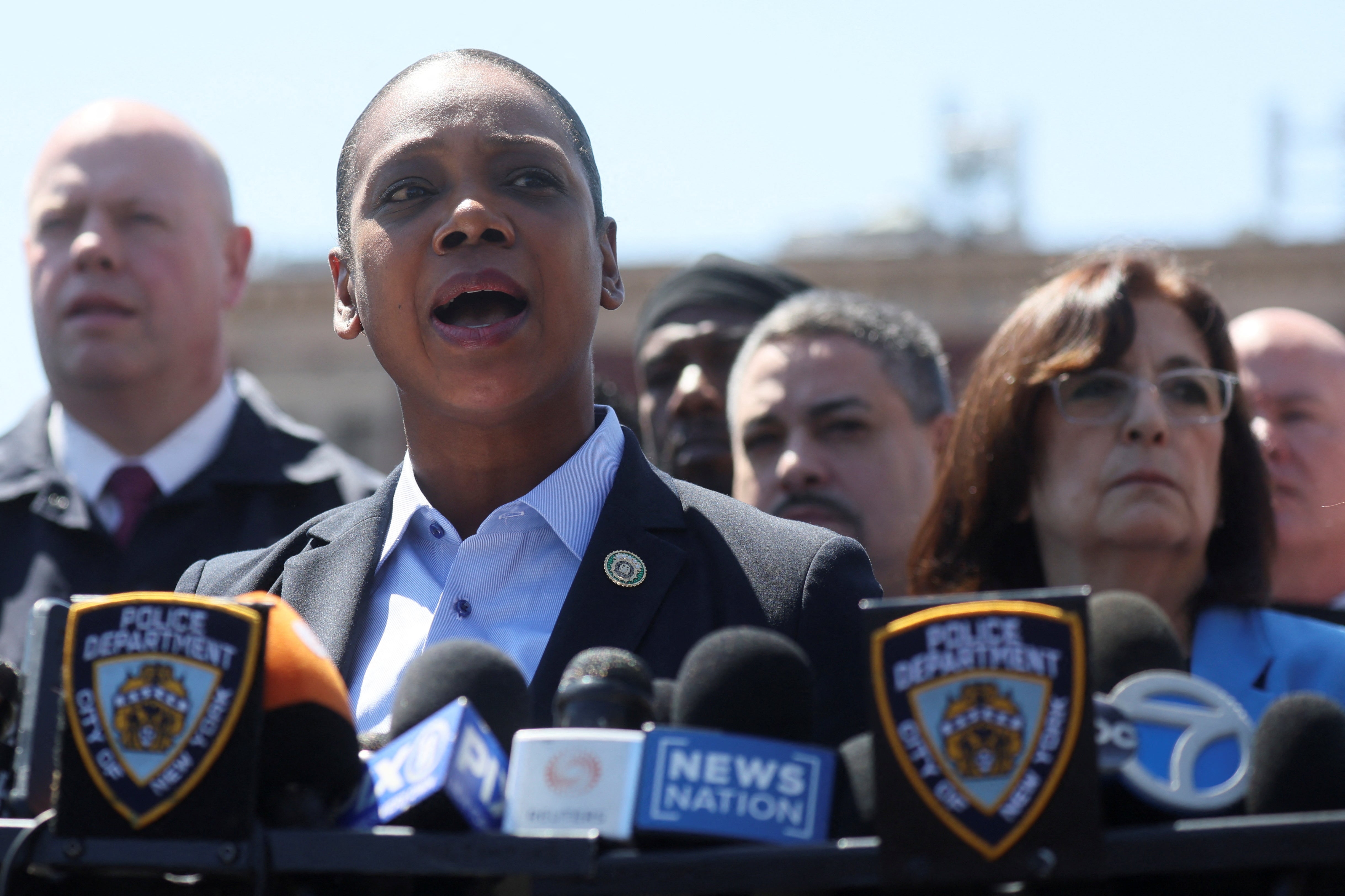 New York City Police Commissioner Keechant Sewell speaks during a news conference after a shooting at a subway station in the Brooklyn borough, in New York City, New York, U.S., April 12, 2022