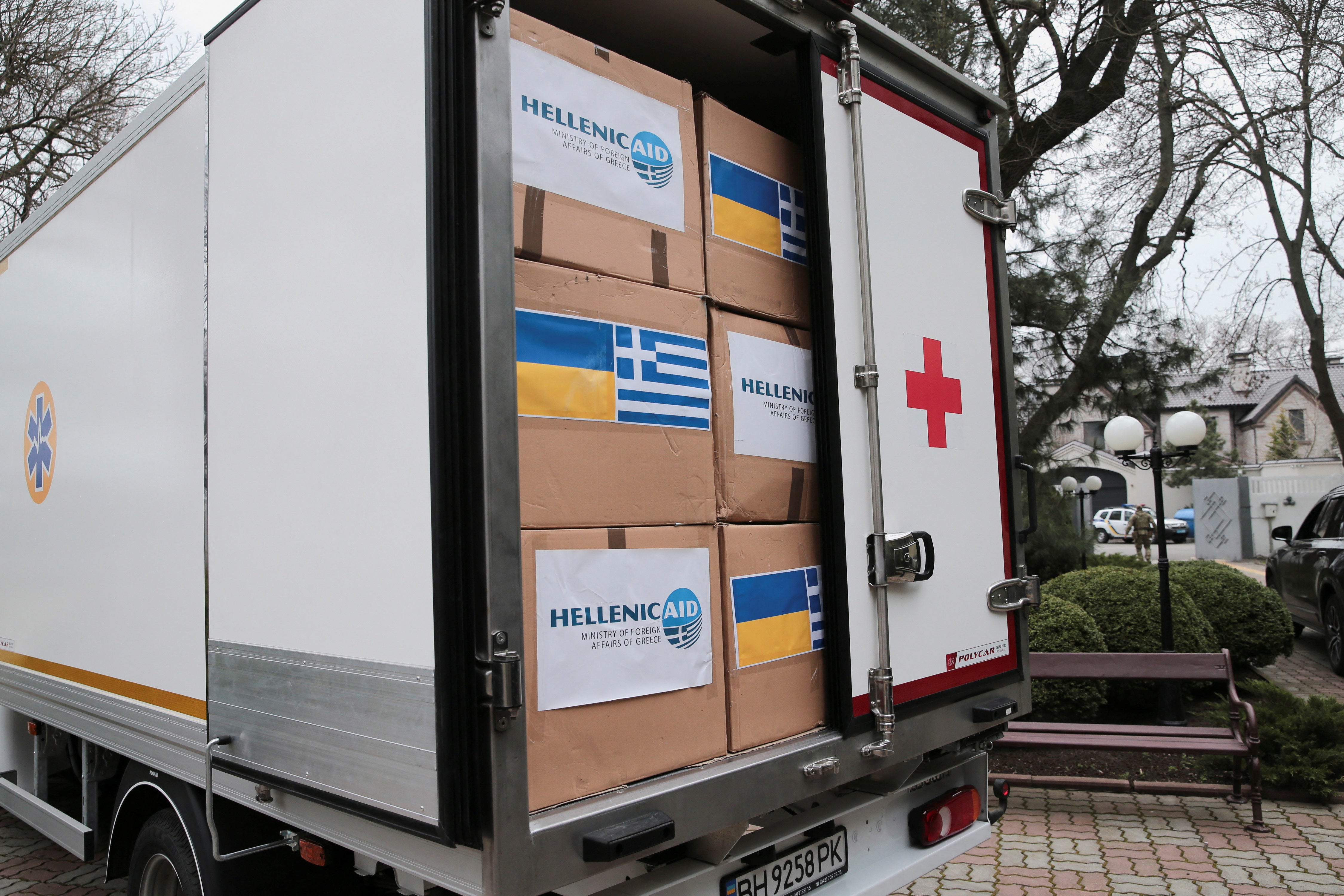 A truck filled with humanitarian aid donated by the Greek government is parked in Odesa, Ukraine