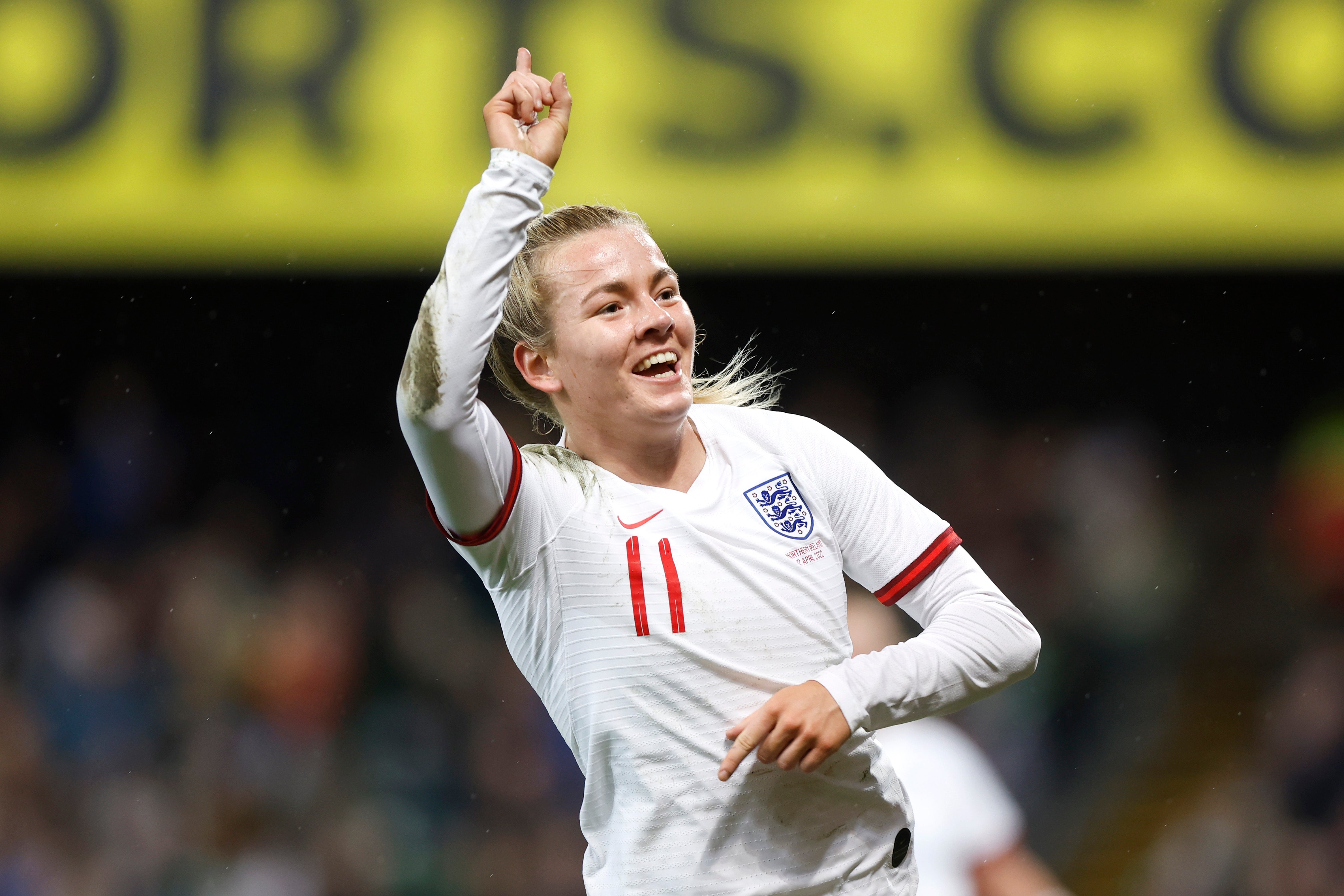 Lauren Hemp scored two of England’s five goals at Windsor Park