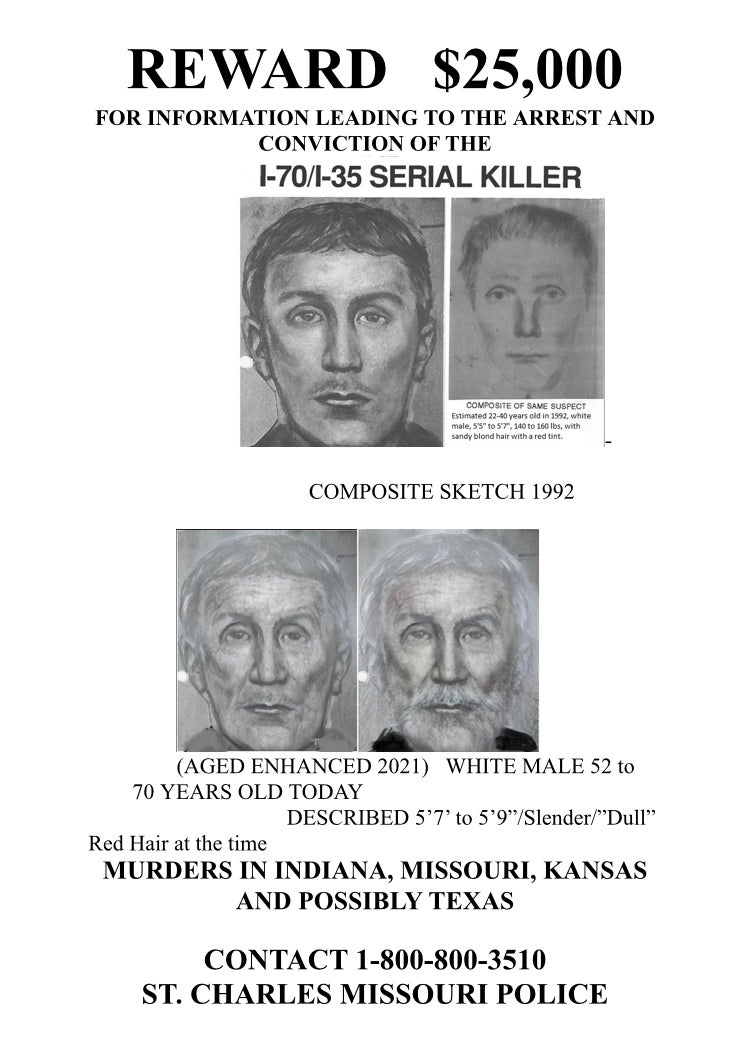 A composite sketch – and age-progressed photo – show a suspect with similar features to that of the newly revealed I-65 Killer, prompting law enforcement theories that the same man killed more victims