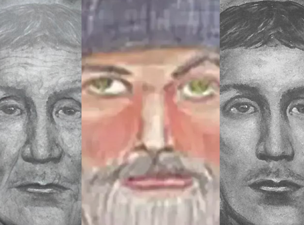 Black-and-white sketches of the suspected I-70 killer and a colour sketch of the suspected I-65 killer Harry Greenwell