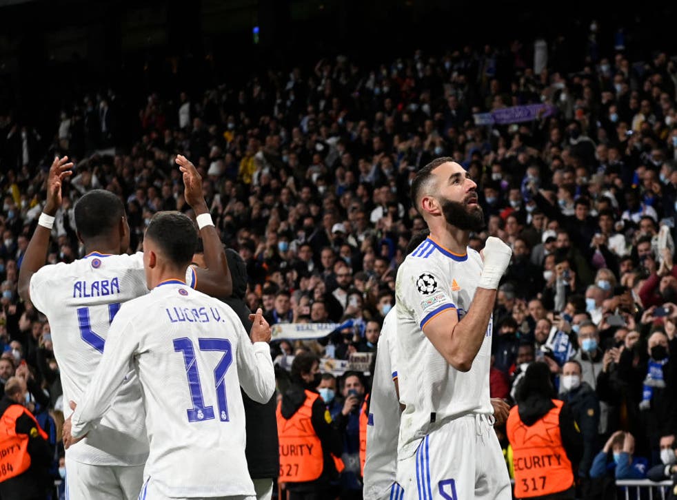 <p>Real Madrid’s Karim Benzema celebrates scoring Madrid’s decisive second goal </p>