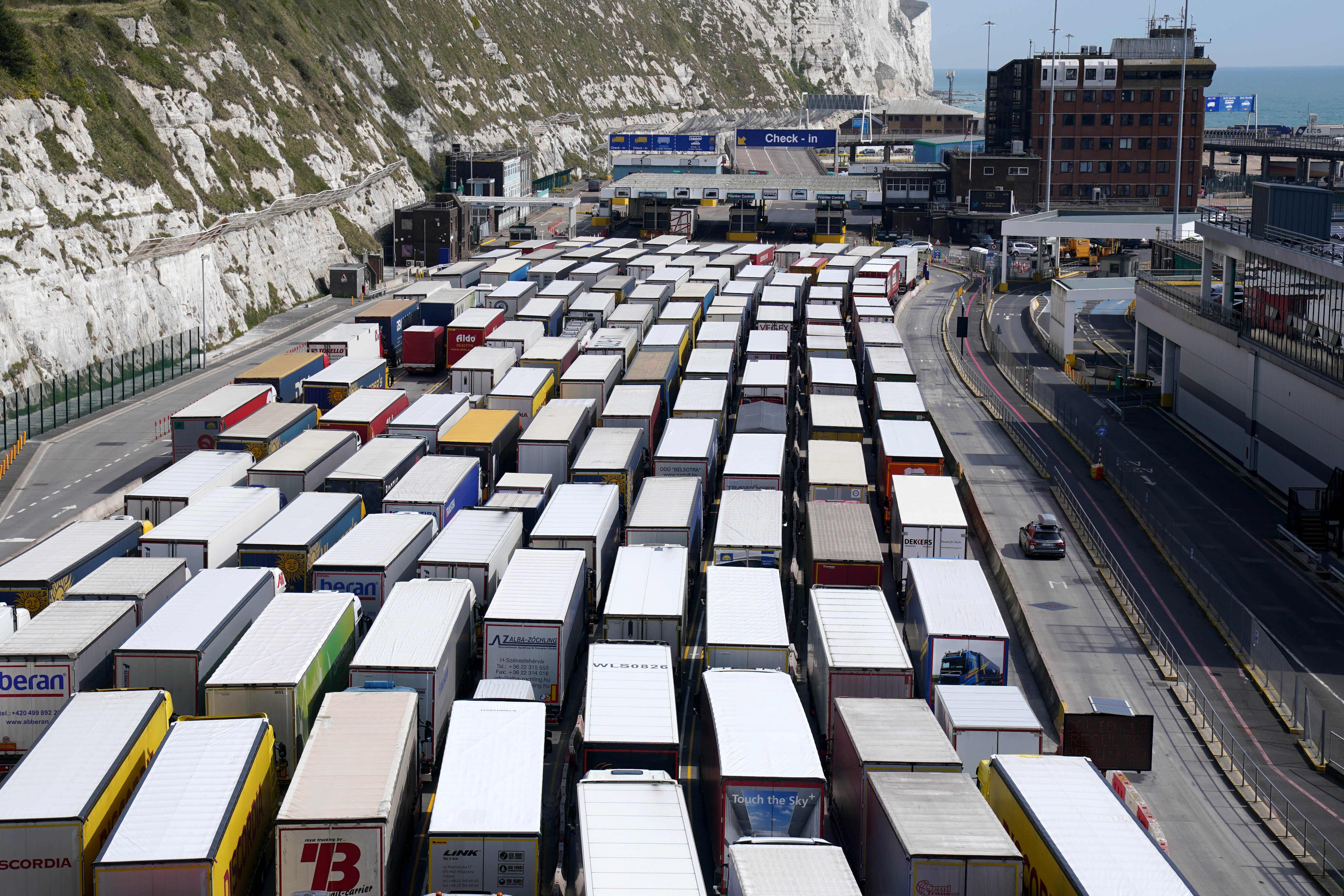 Freight lorries queue at the Port of Dover on Tuesday (PA
