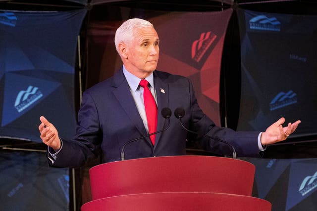 <p>Former US vice president Mike Pence speaks at a lecture at the University of Virginia in Charlottesville, Virginia, on 12 April</p>